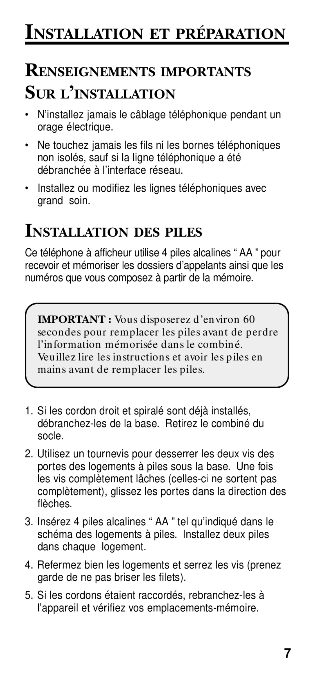 RCA 2-9191 manual Installation ET Préparation, Renseignements Importants SUR L’INSTALLATION, Installation DES Piles 