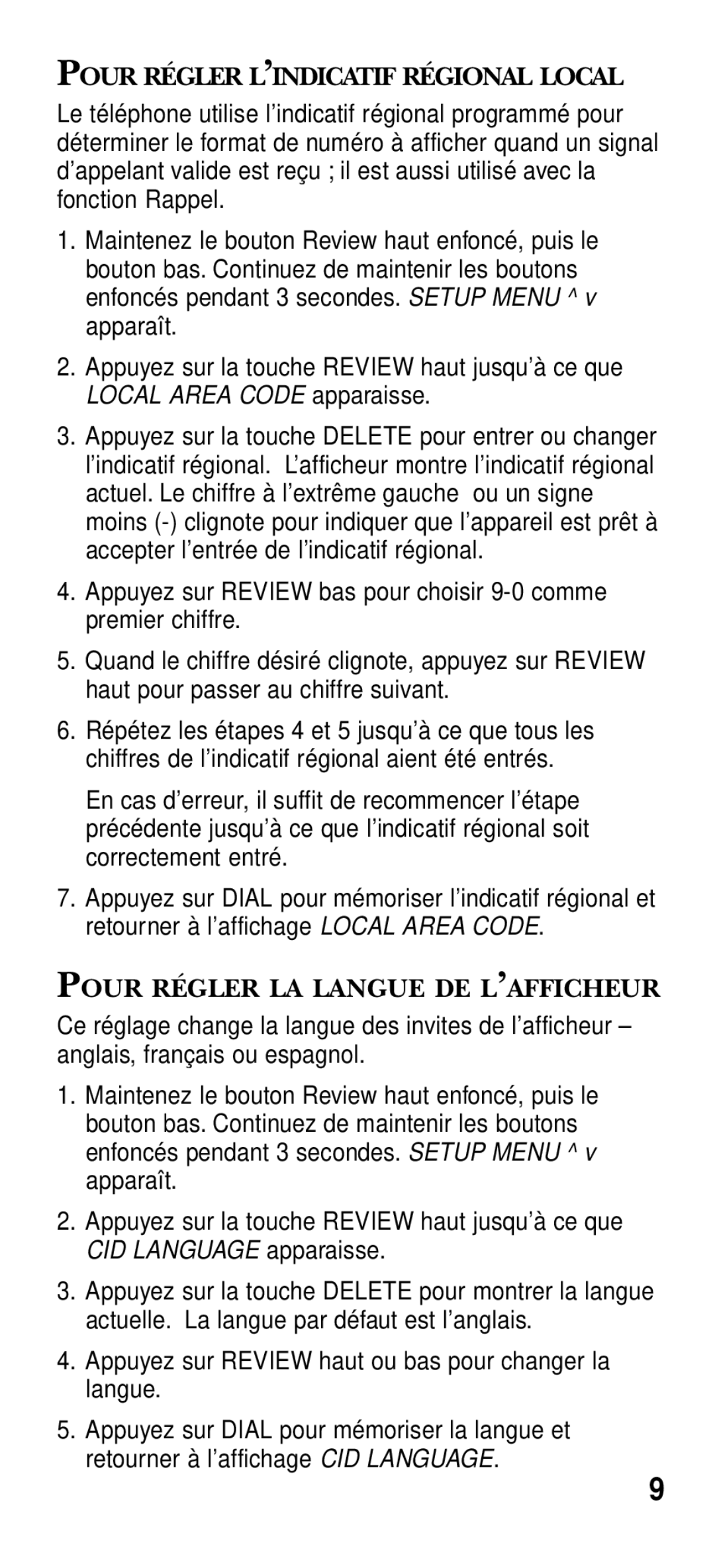 RCA 2-9191 manual Pour Régler L’INDICATIF Régional Local, Pour Régler LA Langue DE L’AFFICHEUR 