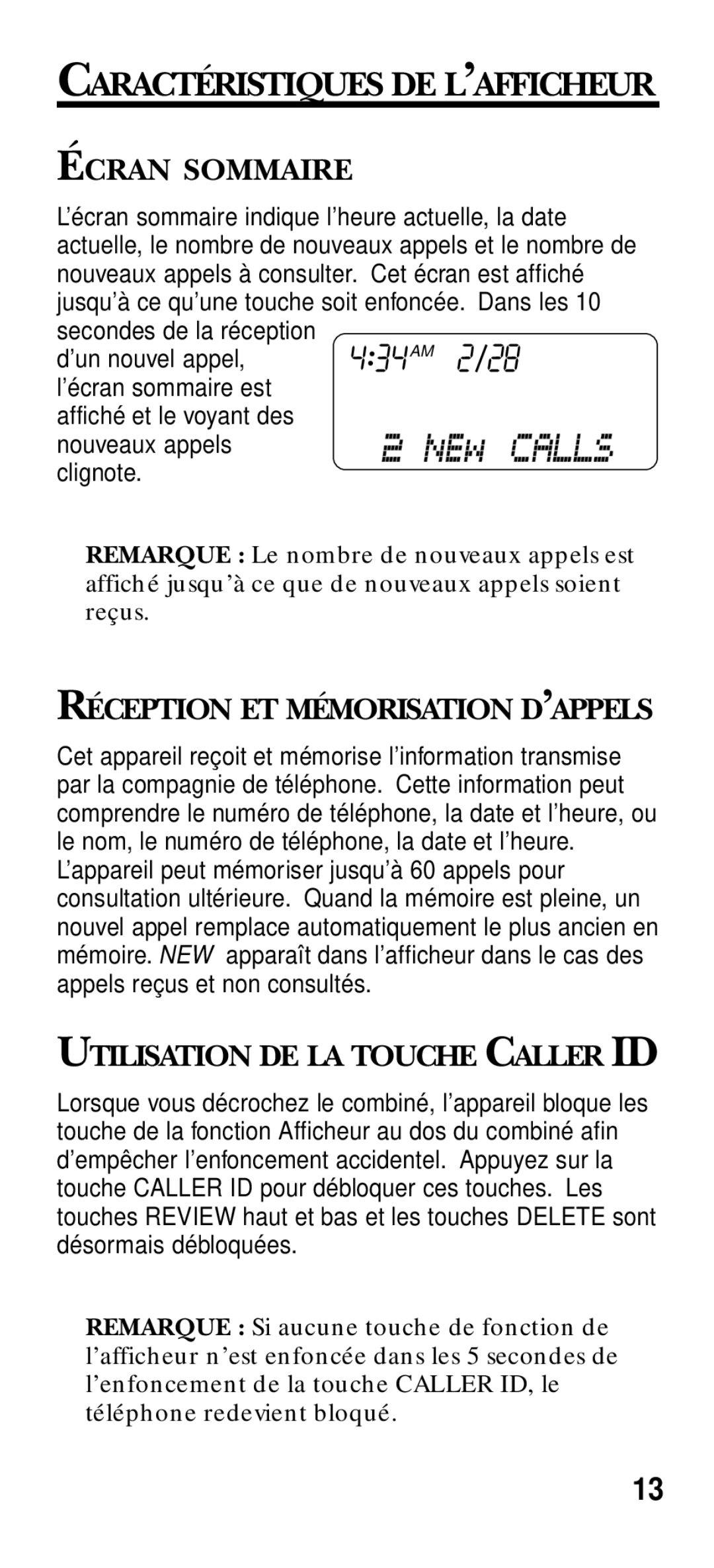 RCA 2-9191 manual Écran Sommaire, Réception ET Mémorisation D’APPELS, Utilisation DE LA Touche Caller ID 