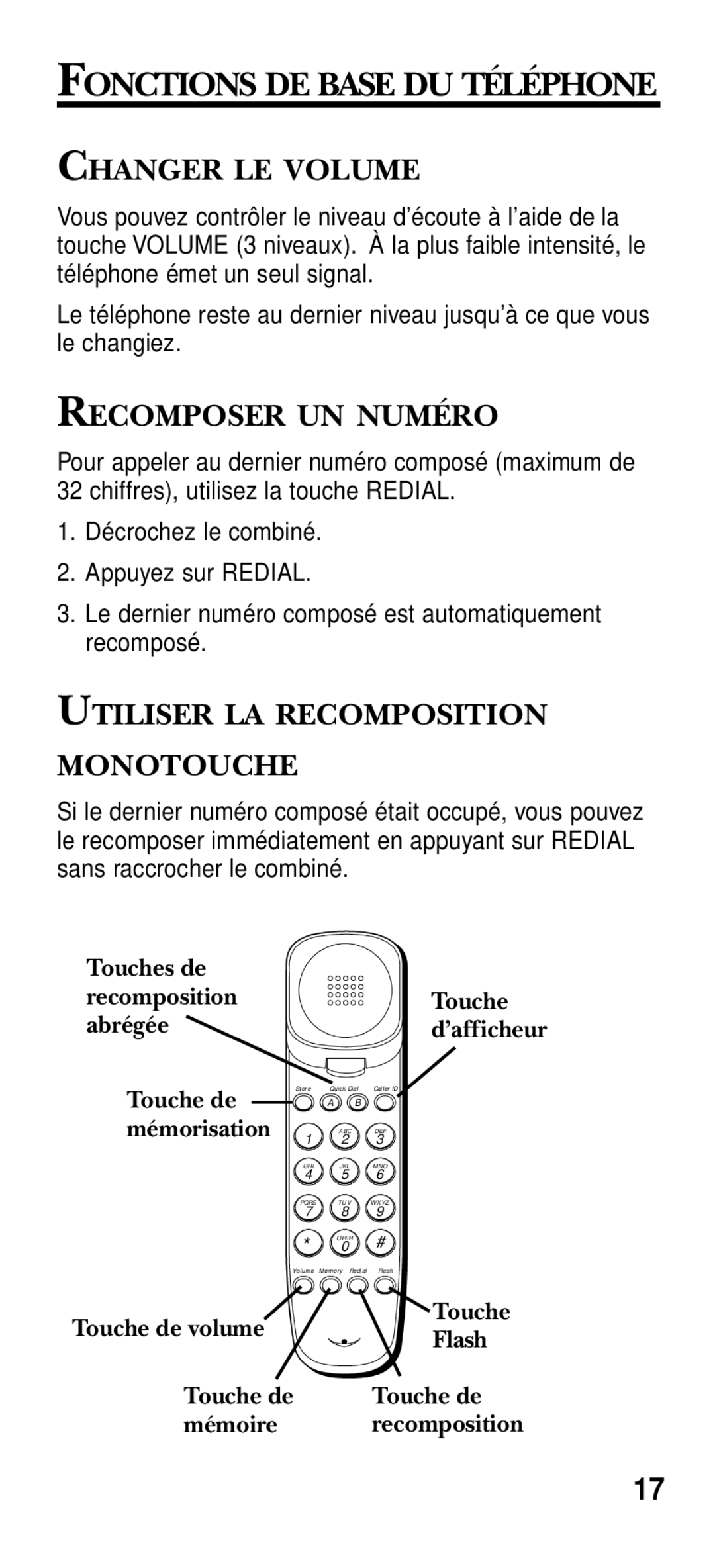 RCA 2-9191 manual Changer LE Volume, Recomposer UN Numéro, Utiliser LA Recomposition Monotouche 