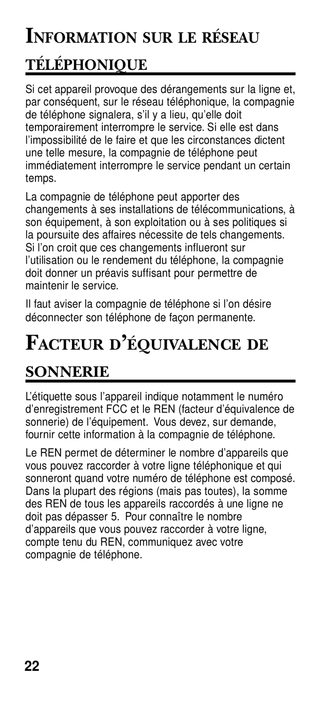 RCA 2-9191 manual Information SUR LE Réseau Téléphonique, Facteur D’ÉQUIVALENCE DE Sonnerie 