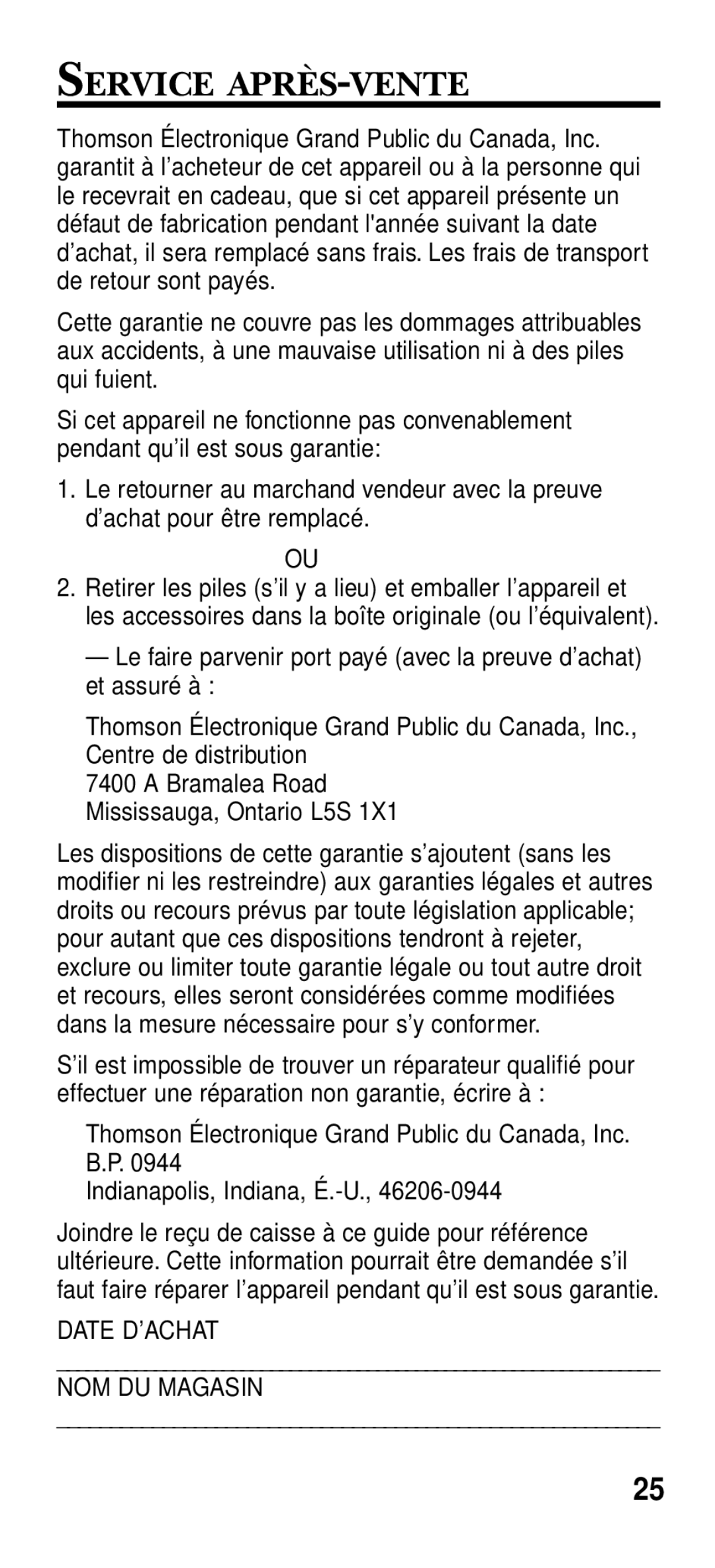 RCA 2-9191 manual Service APRÈS-VENTE, Date D’ACHAT NOM DU Magasin 