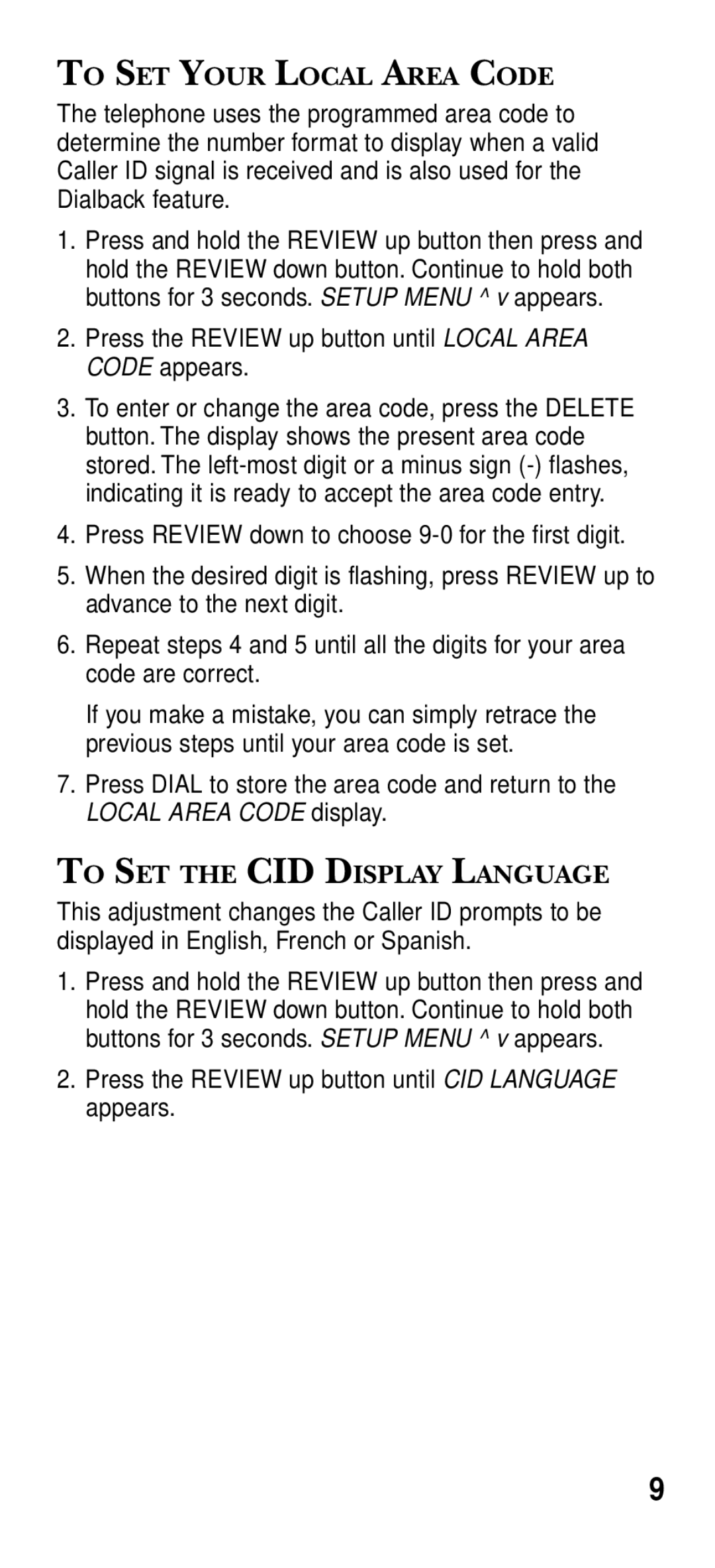 RCA 2-9191 manual To SET Your Local Area Code, To SET the CID Display Language 