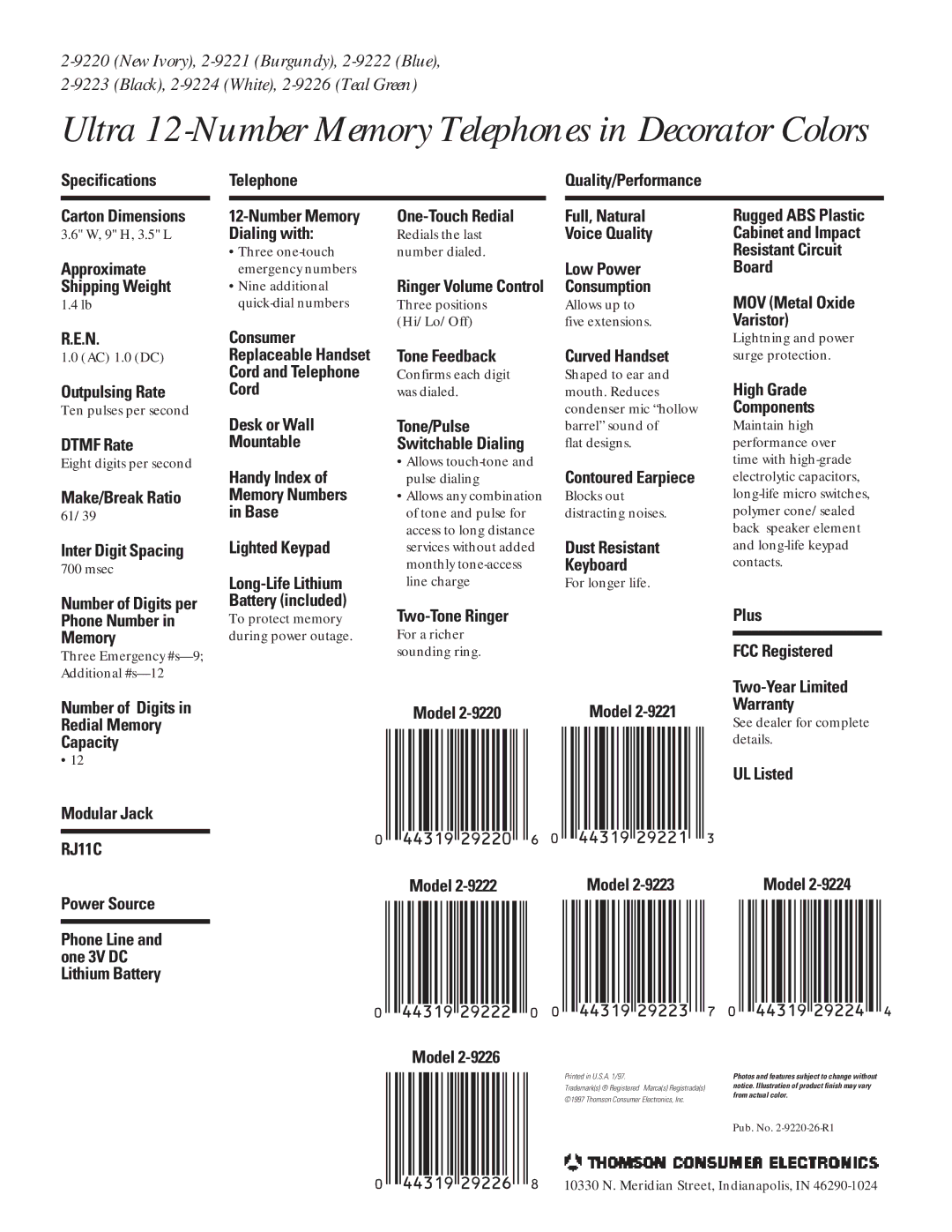 RCA 2-9221, 2-9220, 2-9224, 2-9222, 2-9223, 2-9226 manual Ultra 12-Number Memory Telephones in Decorator Colors, RJ11C 