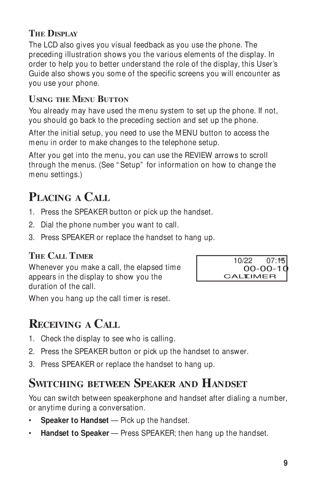 RCA 2-9398 manual Placing a Call, Receiving a Call, Switching Between Speaker and Handset 