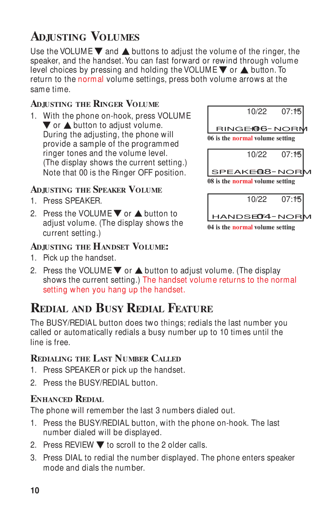 RCA 2-9398 manual Adjusting Volumes, Redial and Busy Redial Feature 