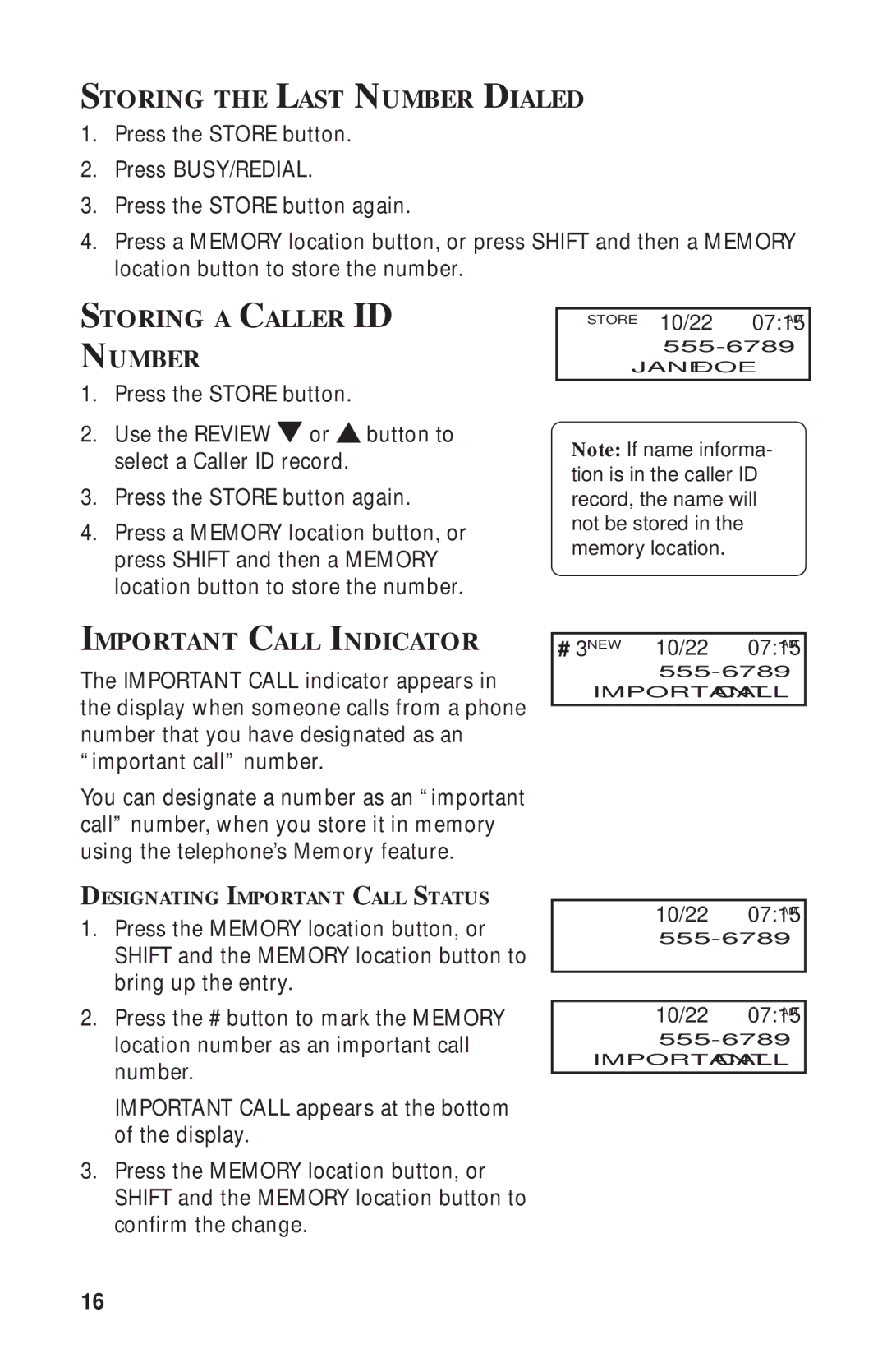 RCA 2-9398 manual Storing the Last Number Dialed, Storing a Caller ID Number, Important Call Indicator 