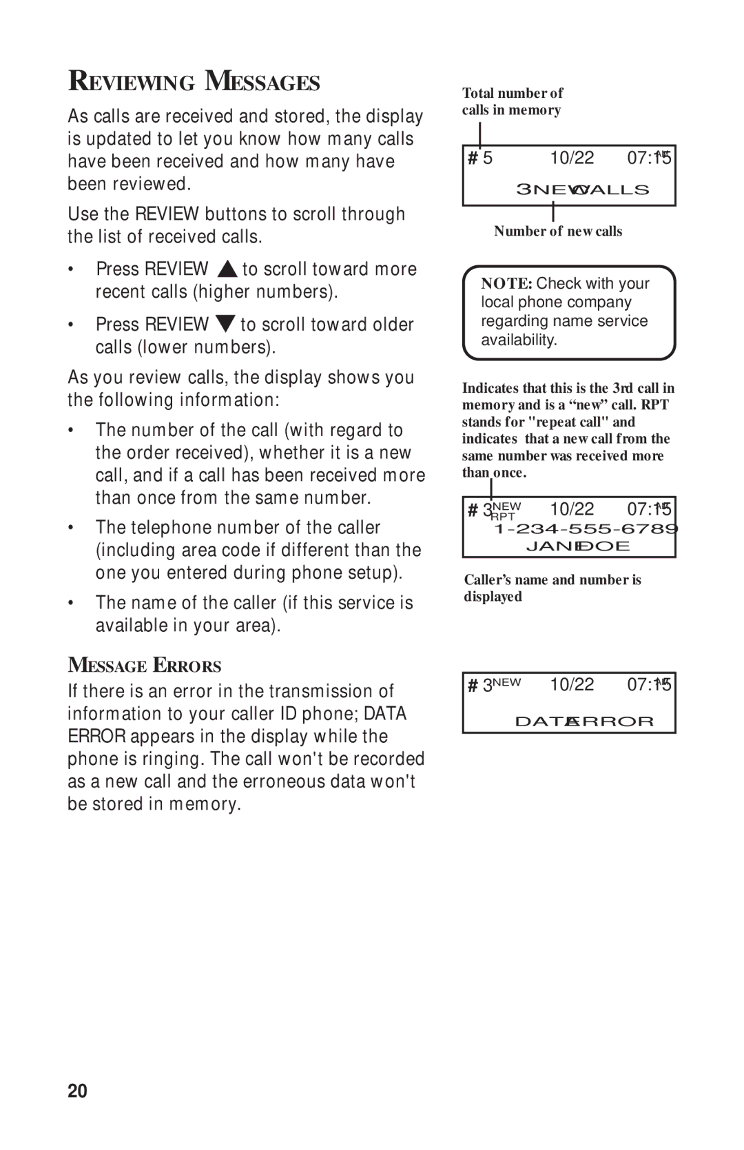 RCA 2-9398 manual Reviewing Messages, Number of new calls 