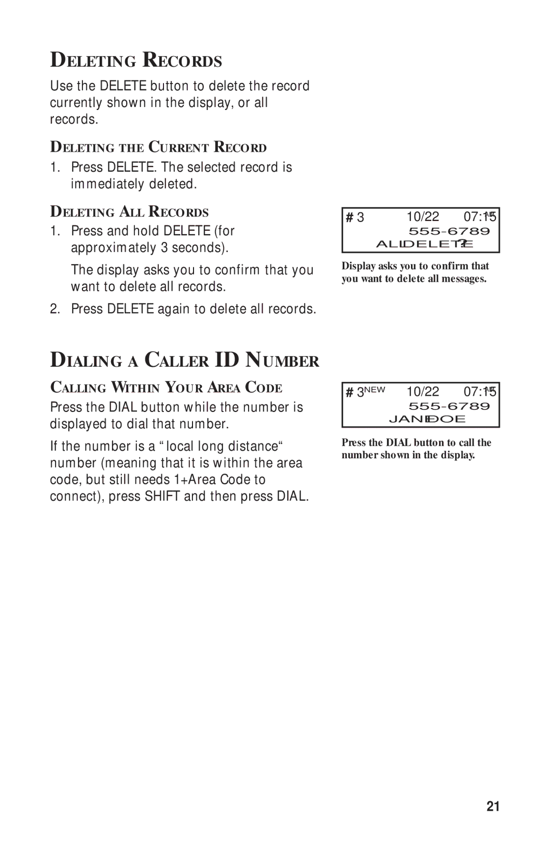 RCA 2-9398 manual Deleting Records, Dialing a Caller ID Number 