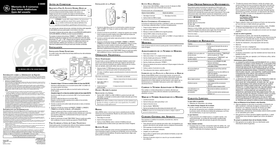 RCA 2-9480 Antes DE Comenzar, Instalación, Operación Telefónica, Memoria, Consejos DE Reparación, Garantía Limitada 