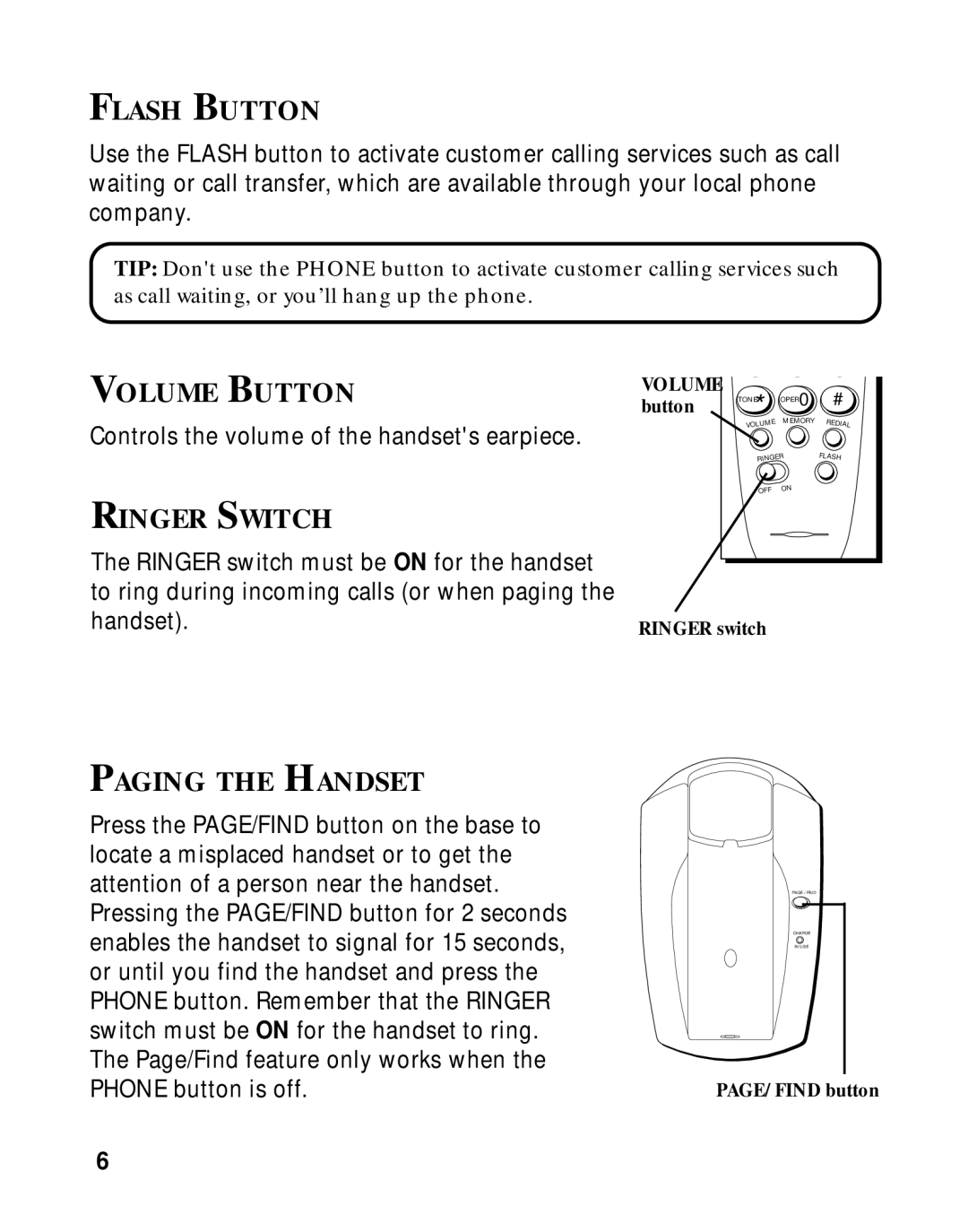 RCA 2-9750/2-9763 manual Flash Button, Olume Utton, Ringer Switch, Paging the Handset 