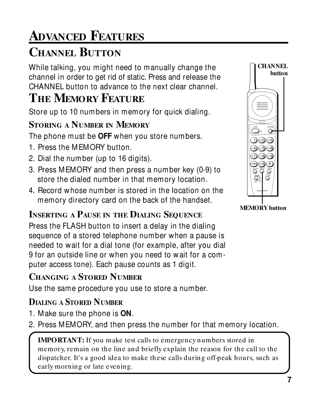 RCA 2-9750/2-9763 manual Advanced Features, Channel Button, Memory Feature 