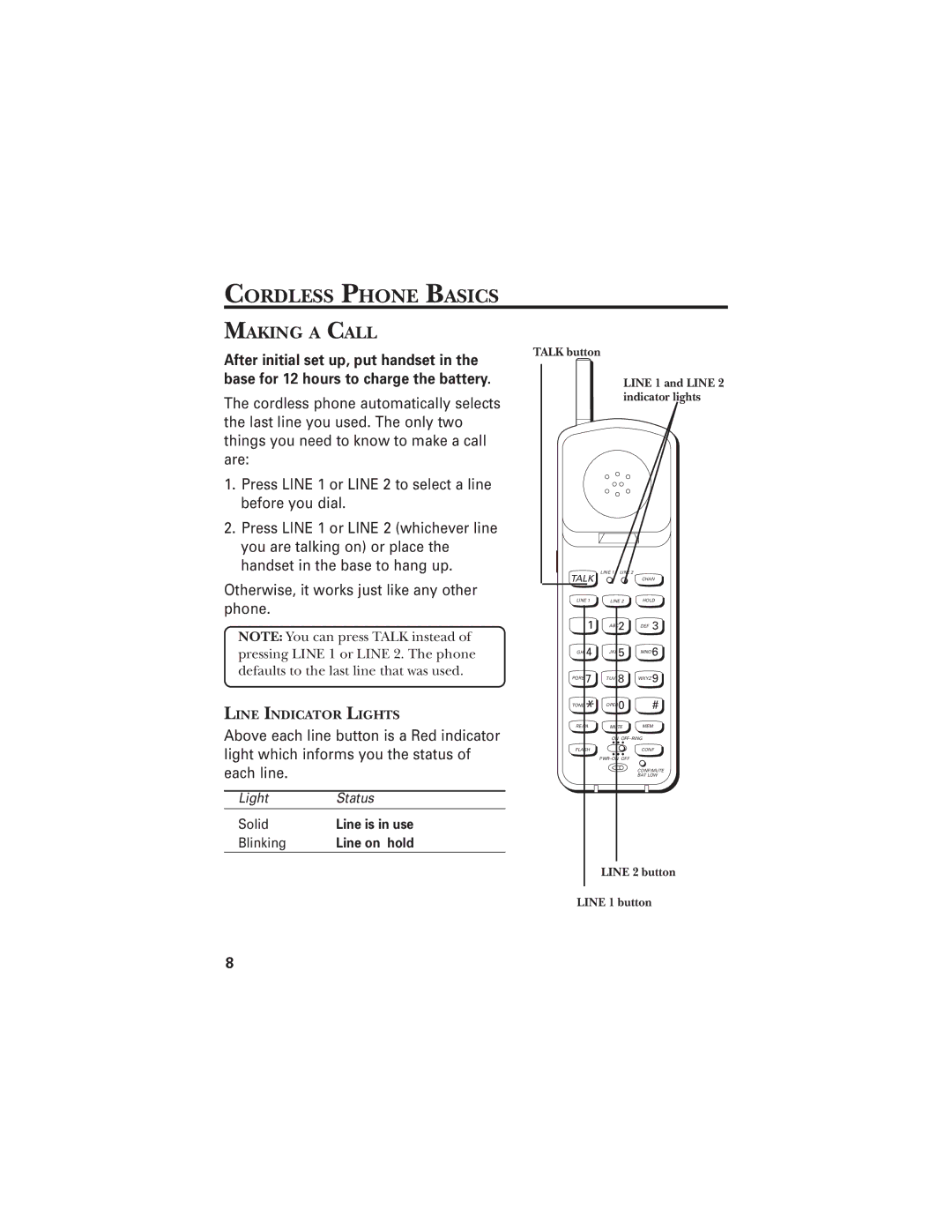 RCA 2-9925 manual Cordless Phone Basics, Making a Call, Talk button Line 1 and Line 2 indicator lights 