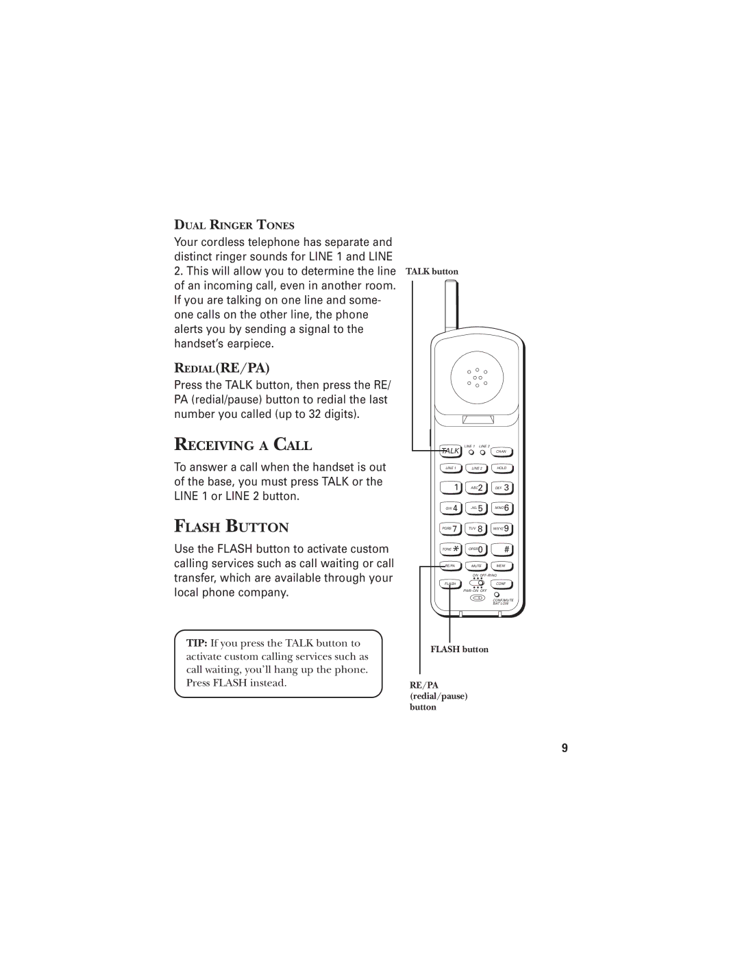 RCA 2-9925 manual Receiving a Call, Flash Button, Talk button, Flash button 