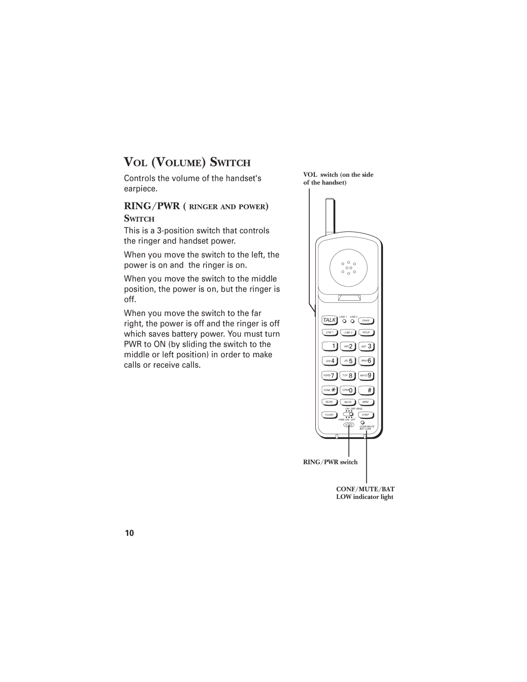 RCA 2-9925 manual VOL Volume Switch, VOL switch on the side of the handset, RING/PWR switch, LOW indicator light 