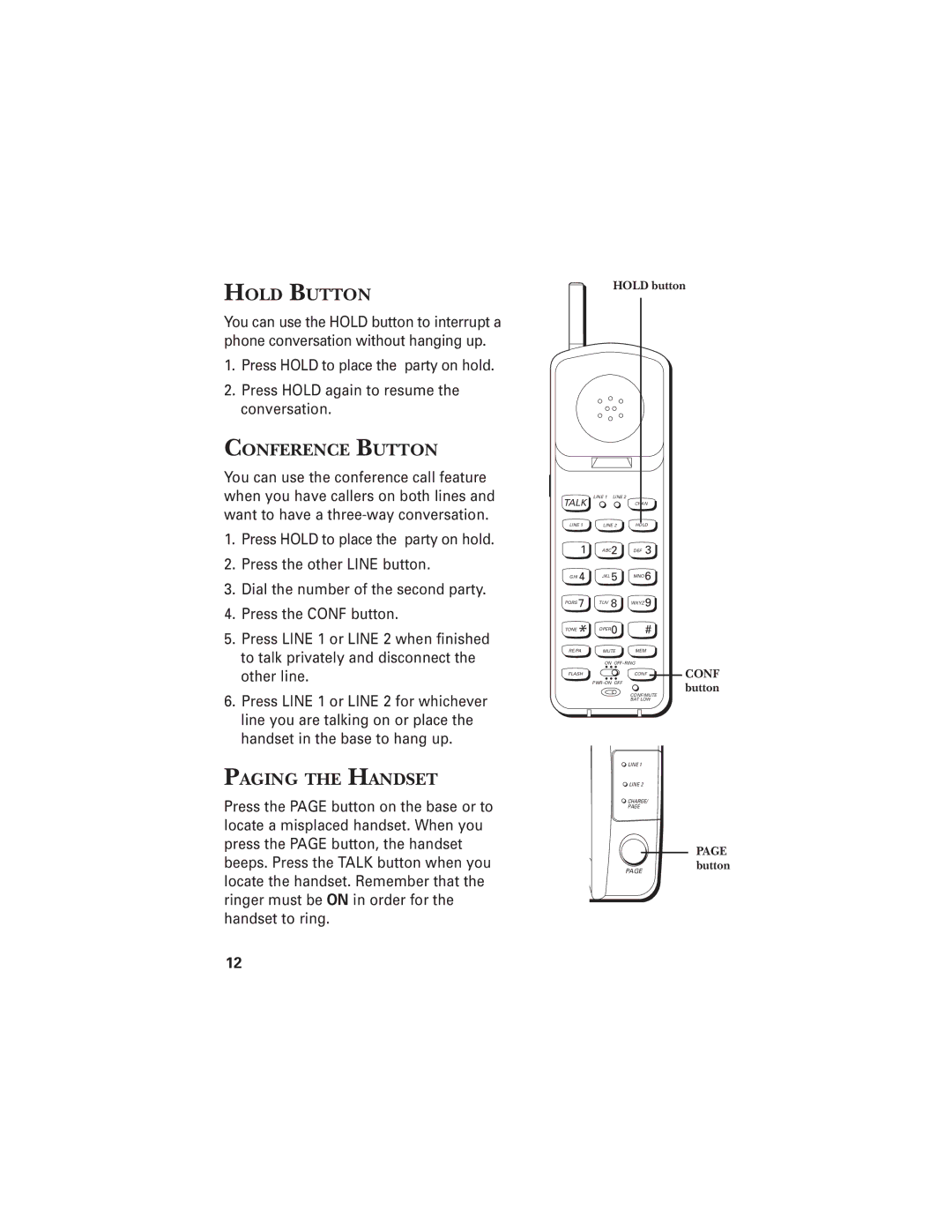 RCA 2-9925 manual Hold Button, Conference Button, Paging the Handset, Hold button 