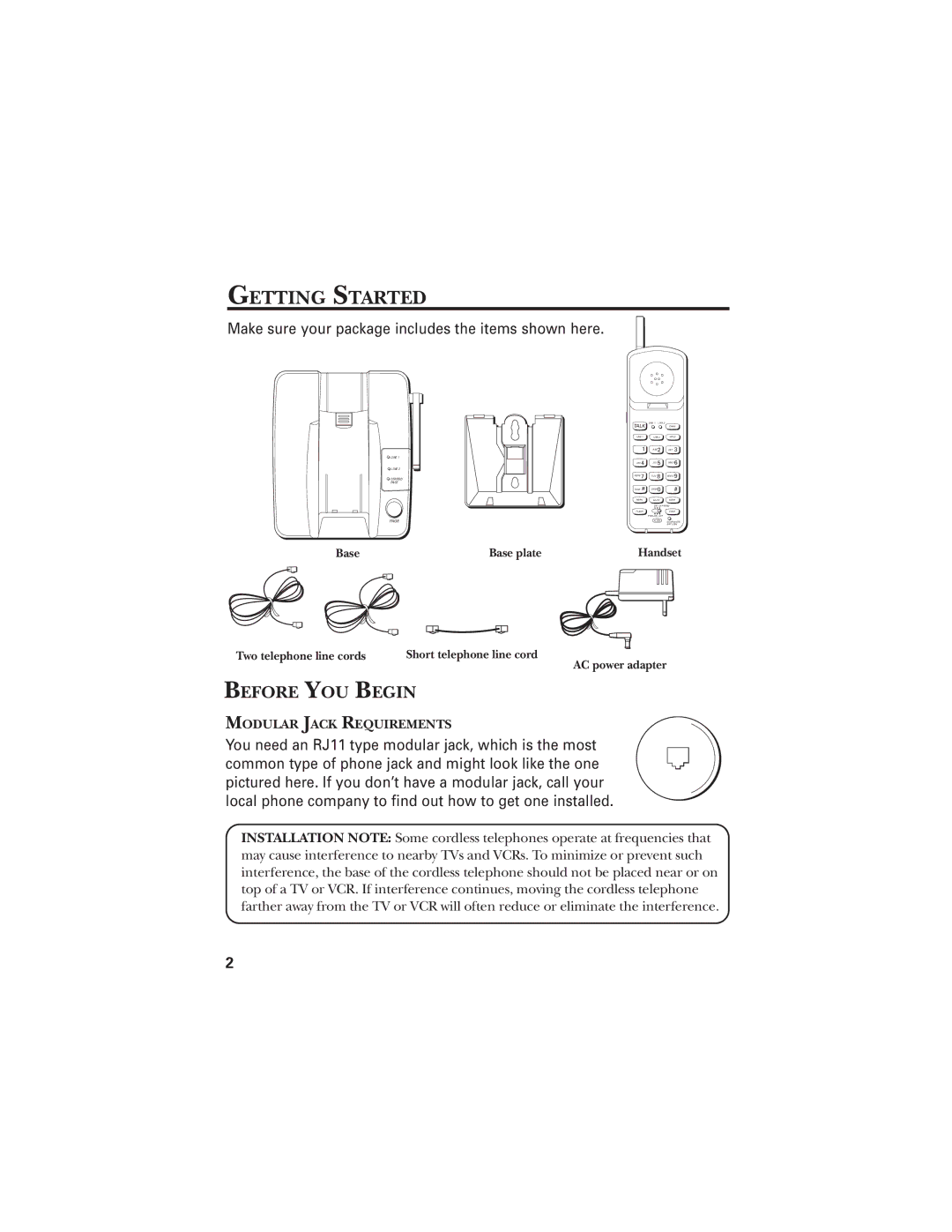 RCA 2-9925 manual Getting Started, Before YOU Begin, Two telephone line cords, AC power adapter 