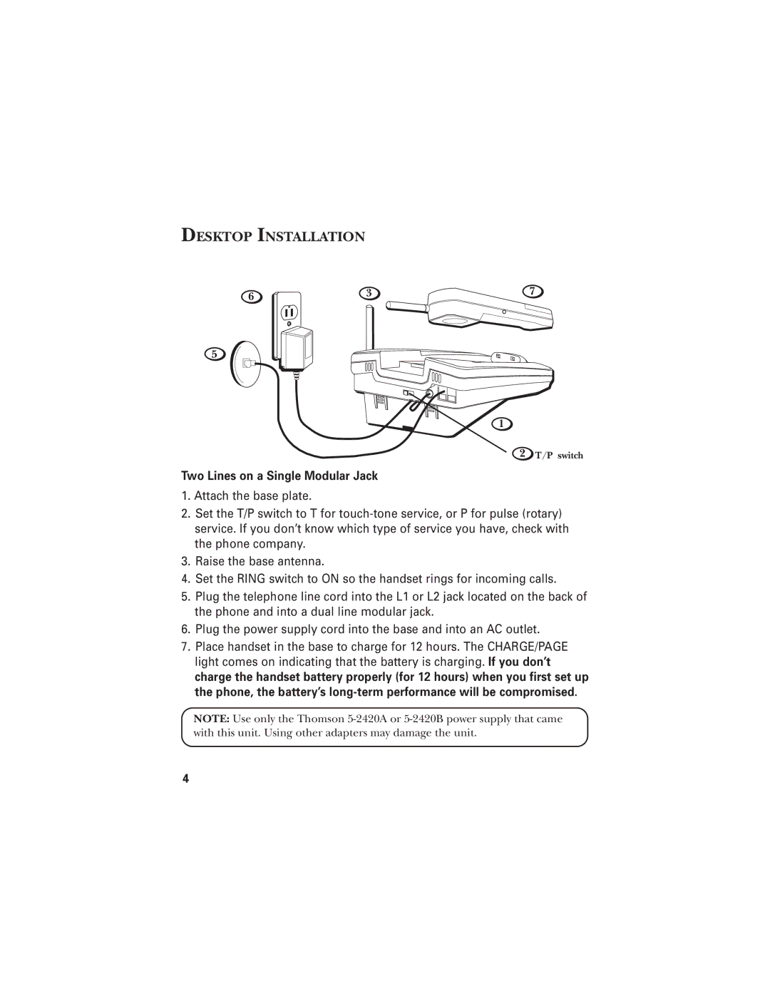 RCA 2-9925 manual Desktop Installation, P switch 