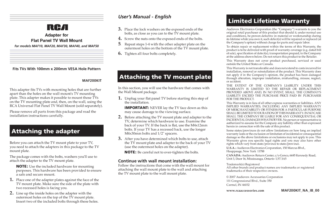 RCA 200KITNA1800 user manual Attaching the adapter, Attaching the TV mount plate, Limited Lifetime Warranty 