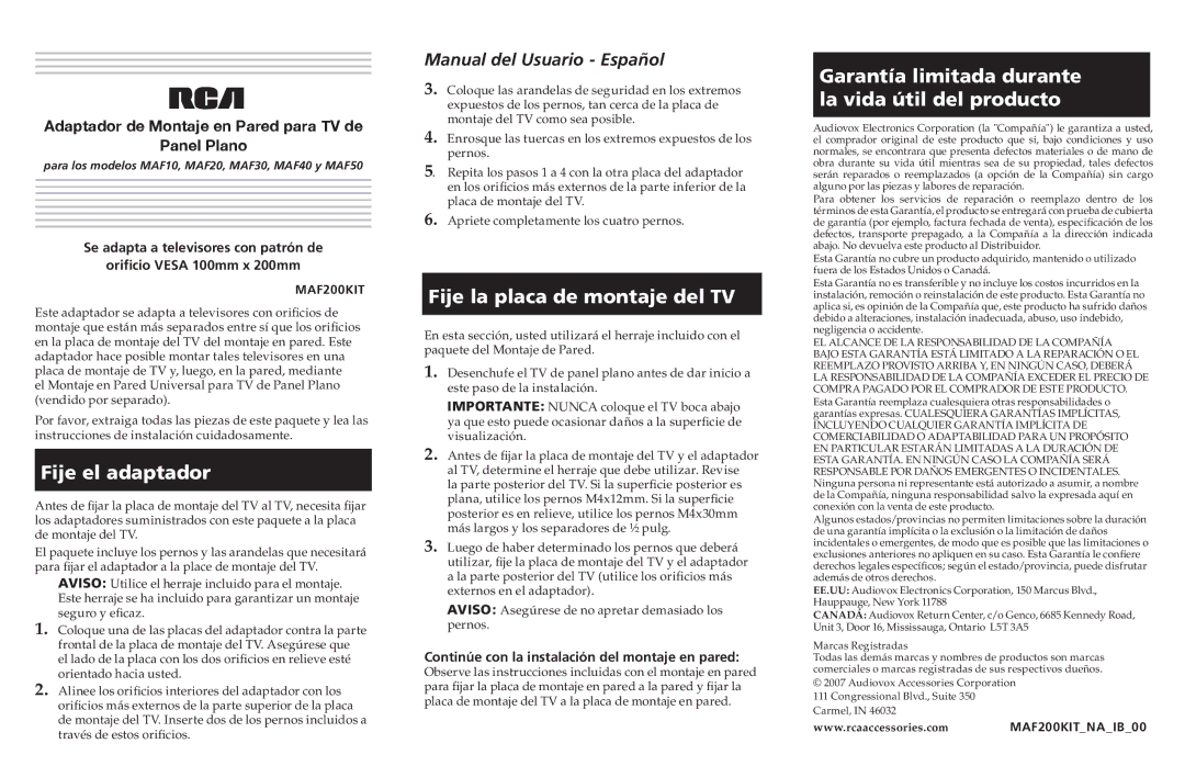 RCA 200KITNA1800 Fije el adaptador, Fije la placa de montaje del TV, Garantía limitada durante la vida útil del producto 