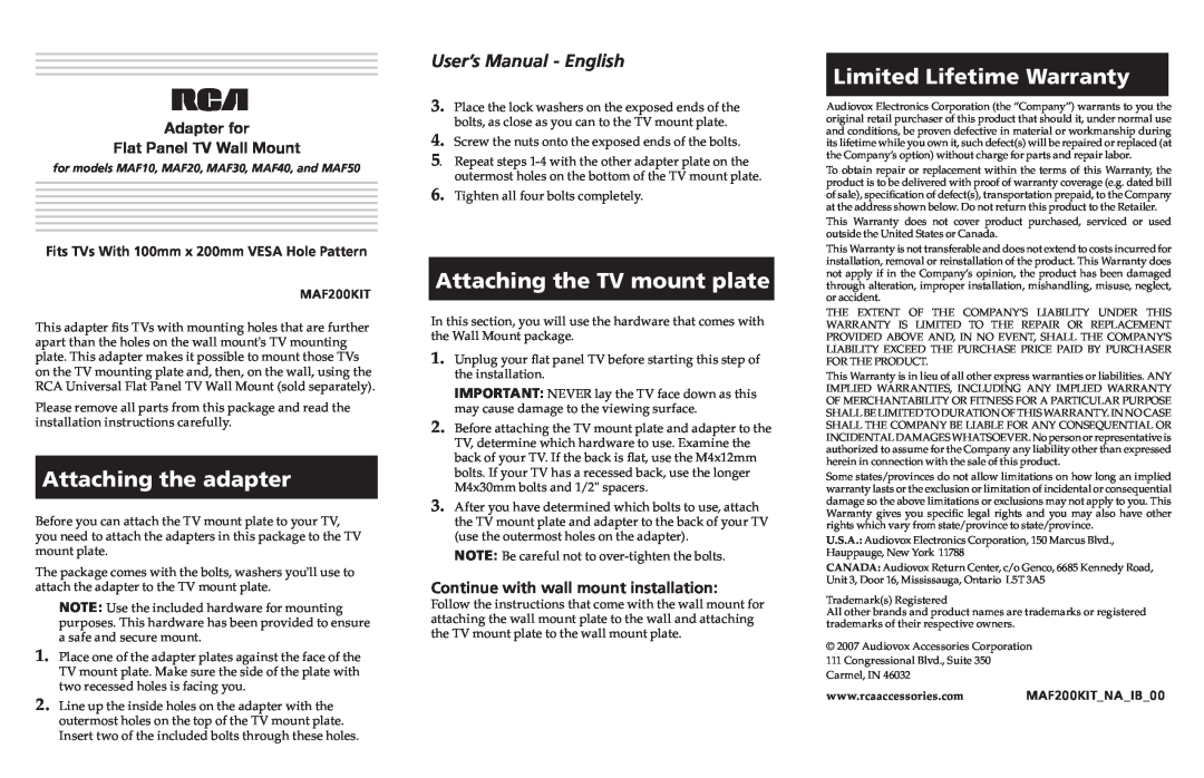 RCA 200KITNA1800 user manual User’s Manual - English, Adapter for Flat Panel TV Wall Mount, Attaching the adapter 