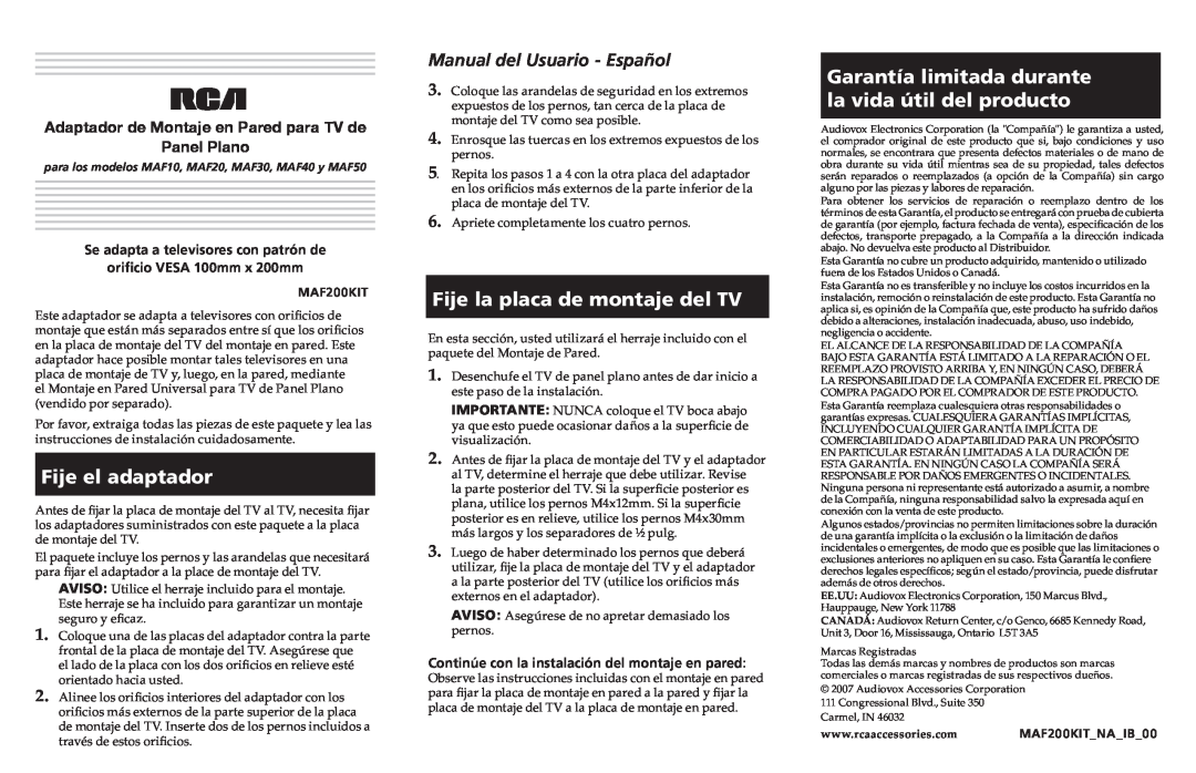 RCA 200KITNA1800 user manual Manual del Usuario - Español, Adaptador de Montaje en Pared para TV de Panel Plano, MAF200KIT 