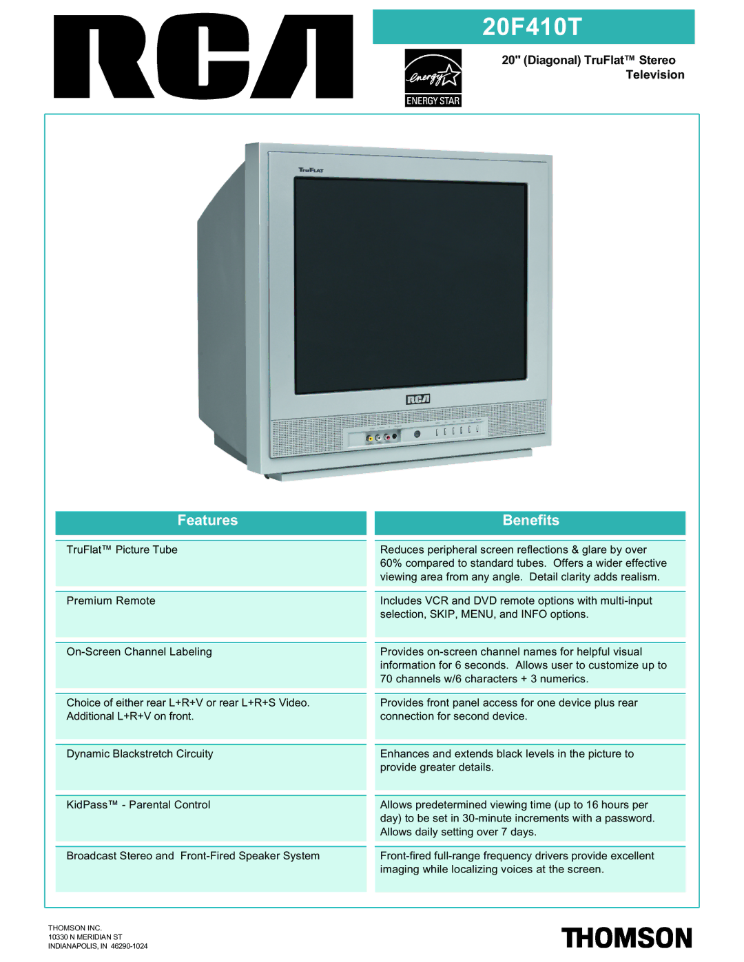 RCA 20F410T manual Features Benefits, Diagonal TruFlat Stereo Television 