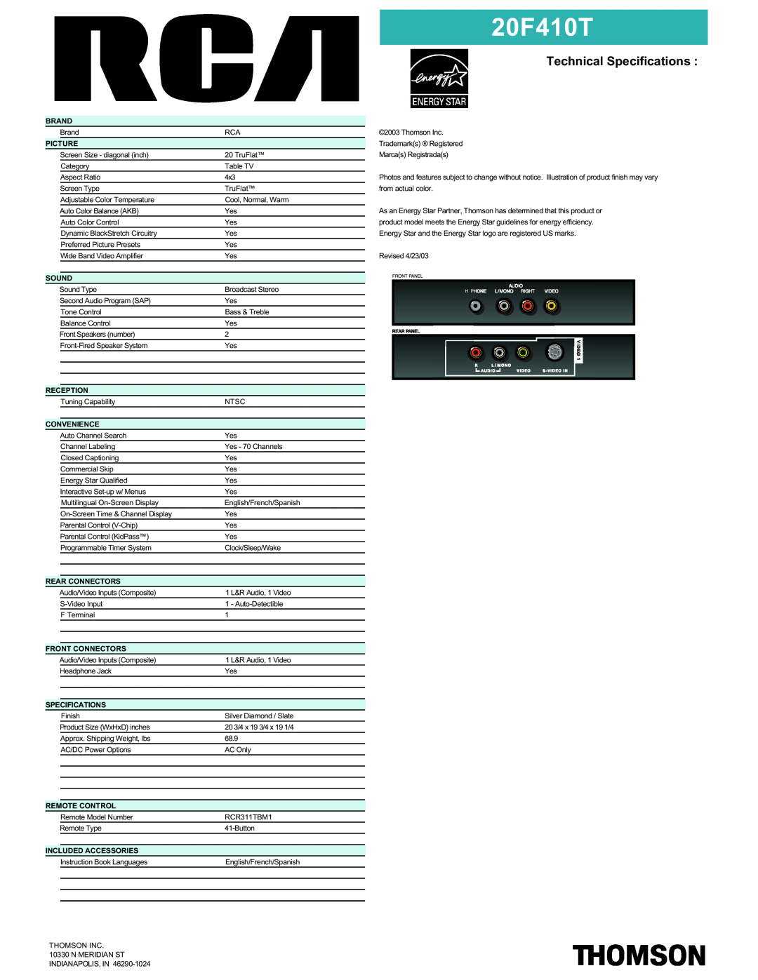 RCA 20F410T manual Technical Specifications 