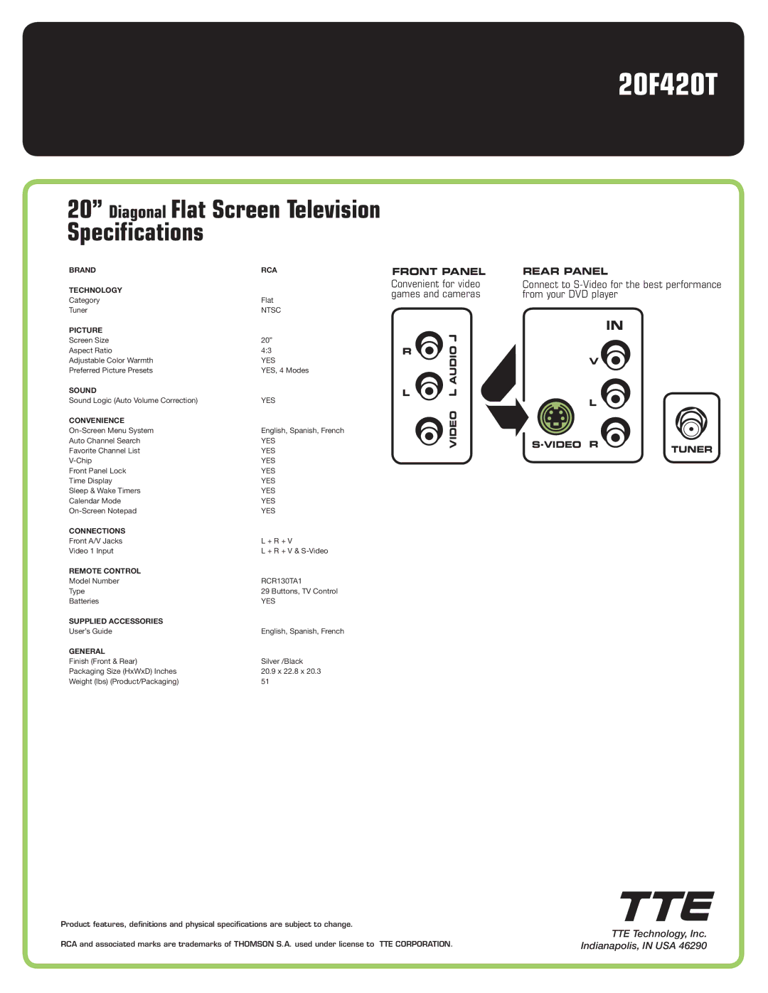 RCA 20F420T manual Diagonal Flat Screen Television Specifications, Front Panel, Rear Panel, Video Tuner 