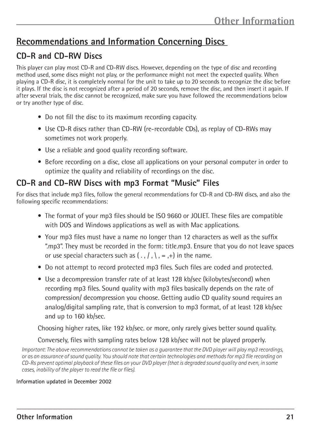 RCA 20F510TD warranty Recommendations and Information Concerning Discs, CD-R and CD-RW Discs 