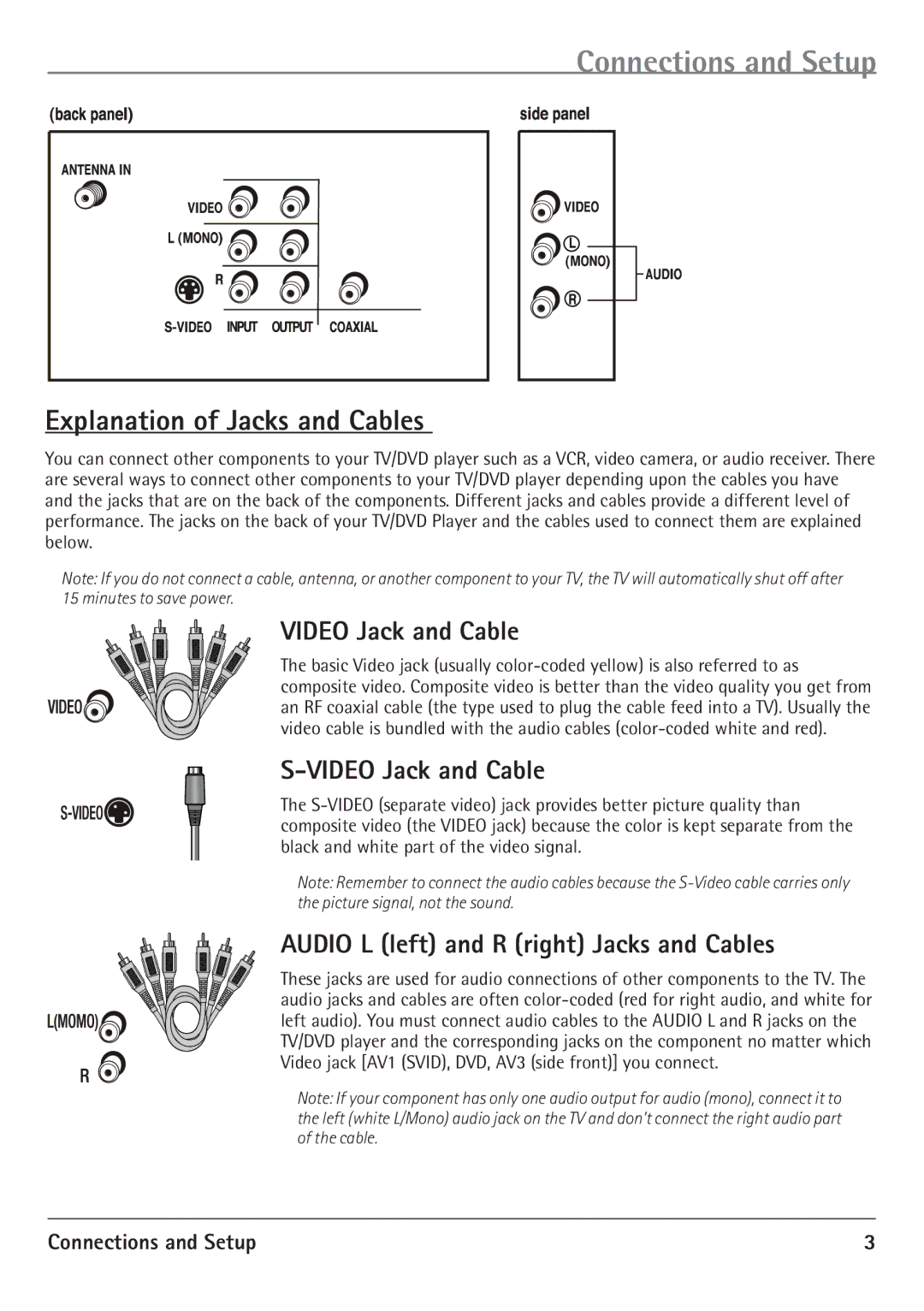 RCA 20F510TD warranty Explanation of Jacks and Cables, Video Jack and Cable, Audio L left and R right Jacks and Cables 