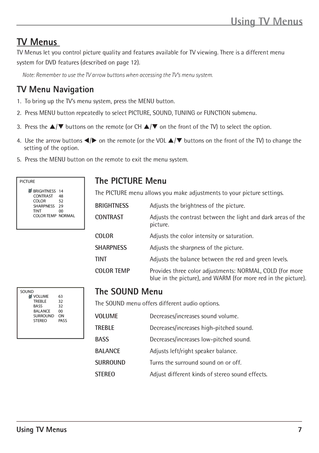 RCA 20F510TD warranty Using TV Menus, TV Menu Navigation, Picture Menu, Sound Menu 