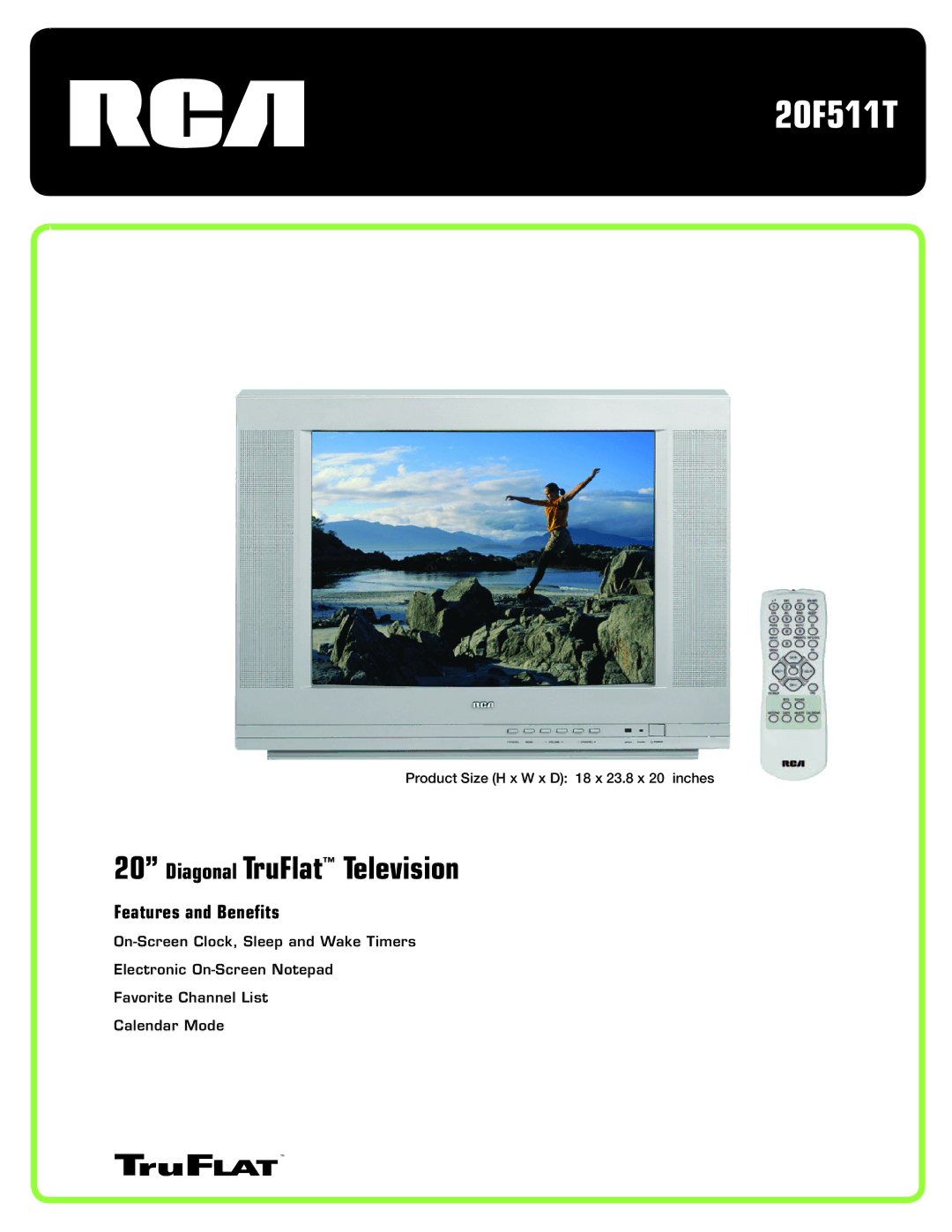 RCA 20F511T manual Diagonal TruFlat Television, Features and Benefits 