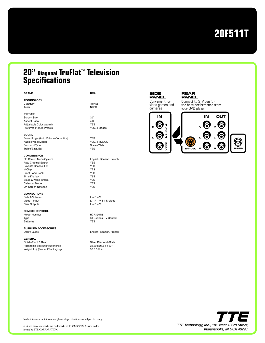 RCA 20F511T manual Television, Diagonal TruFlat Specifications, Side Rear Panel, Out 