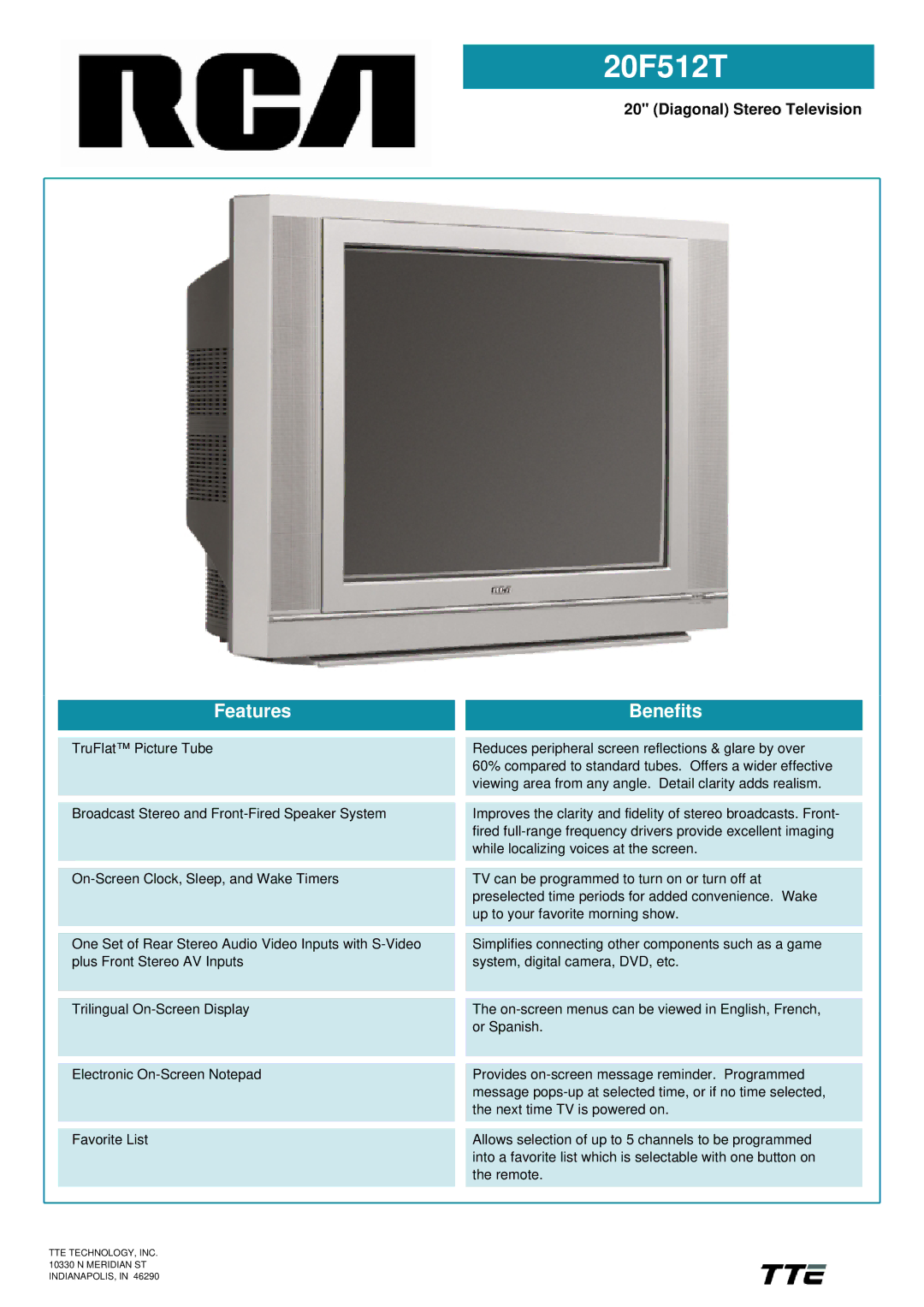 RCA 20F512T manual Features Benefits, Diagonal Stereo Television 