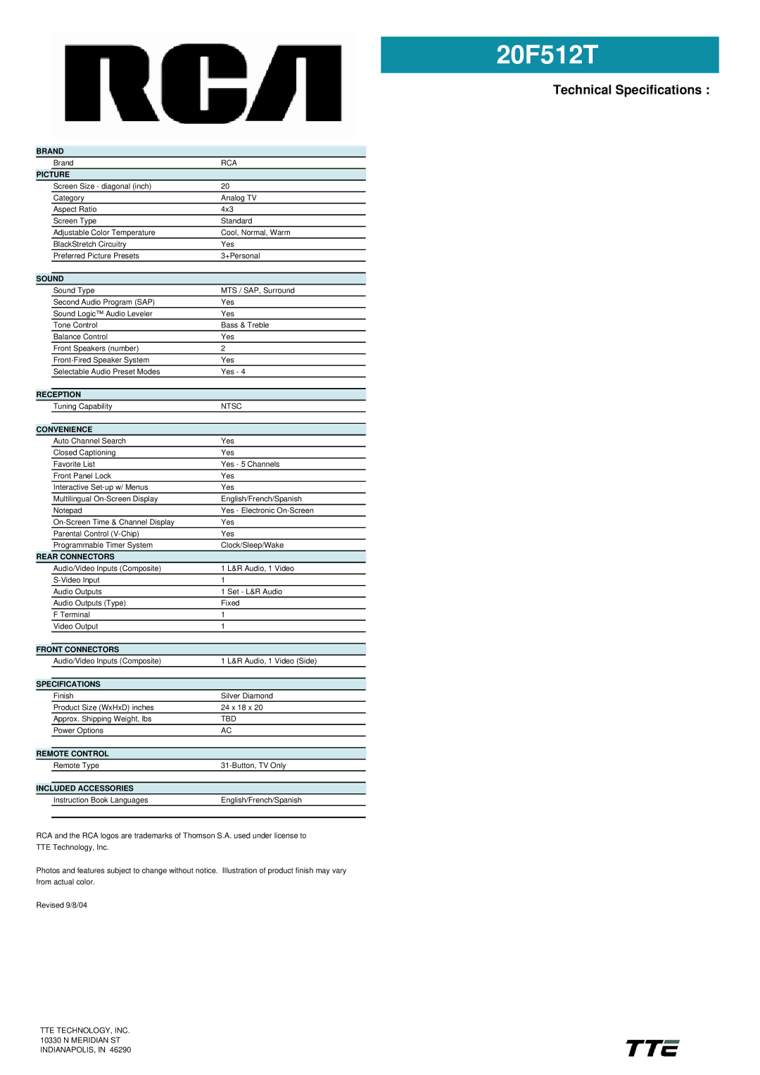 RCA 20F512T manual Technical Specifications 