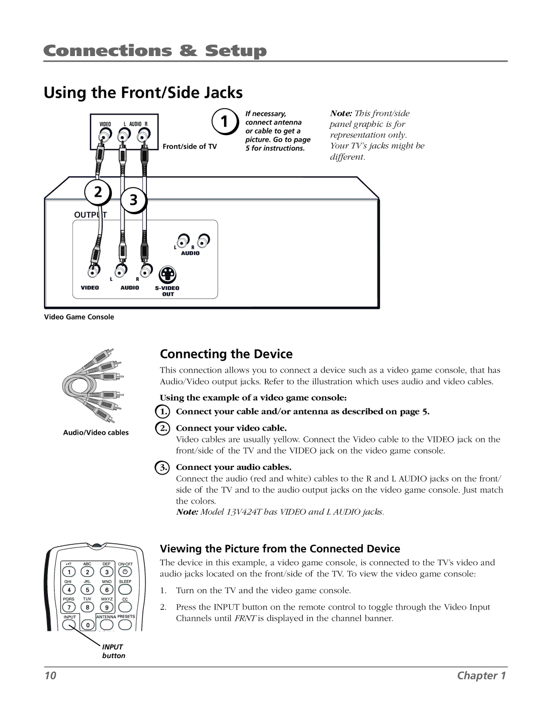 RCA 20F524T manual Using the Front/Side Jacks, Your TV’s jacks might be different 