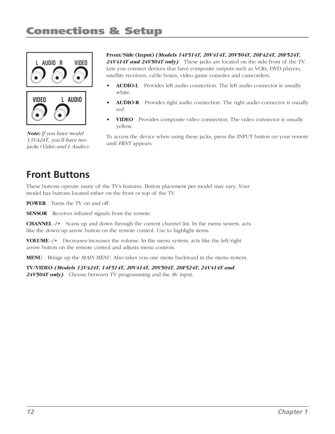 RCA 20F524T manual Front Buttons, Video 