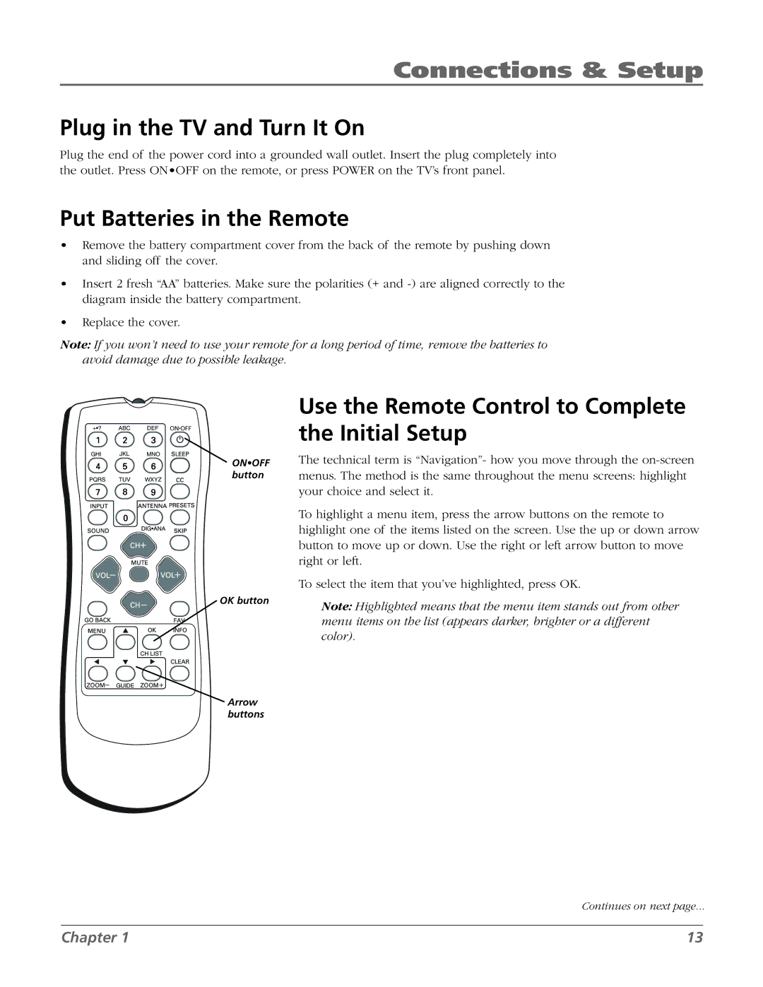 RCA 20F524T manual Plug in the TV and Turn It On, Put Batteries in the Remote 