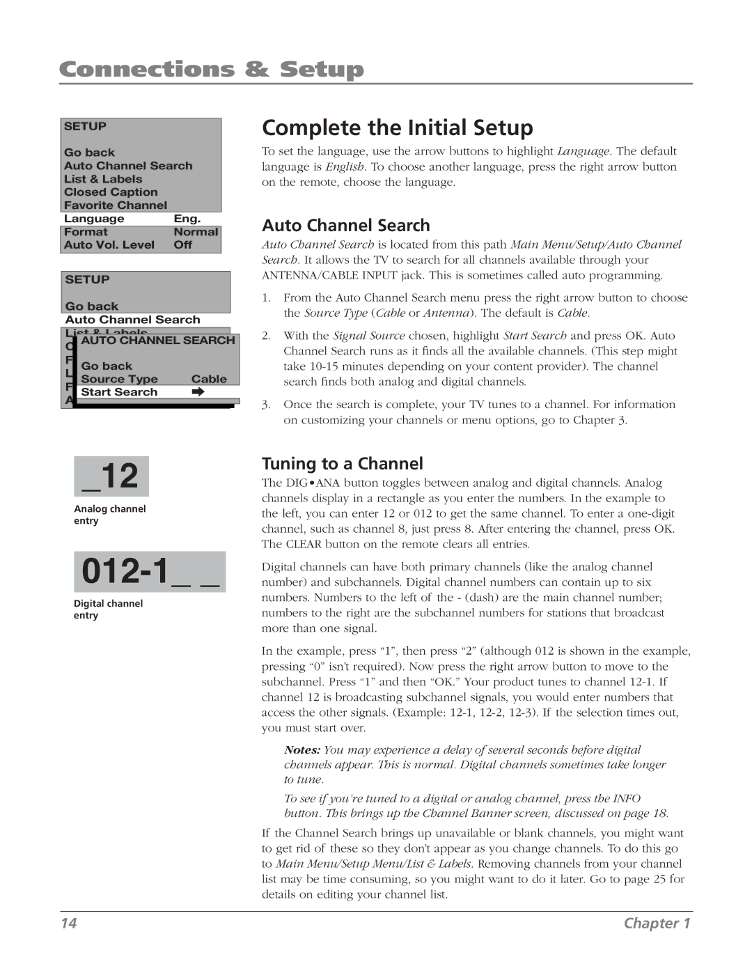 RCA 20F524T manual Complete the Initial Setup, Auto Channel Search, Tuning to a Channel 