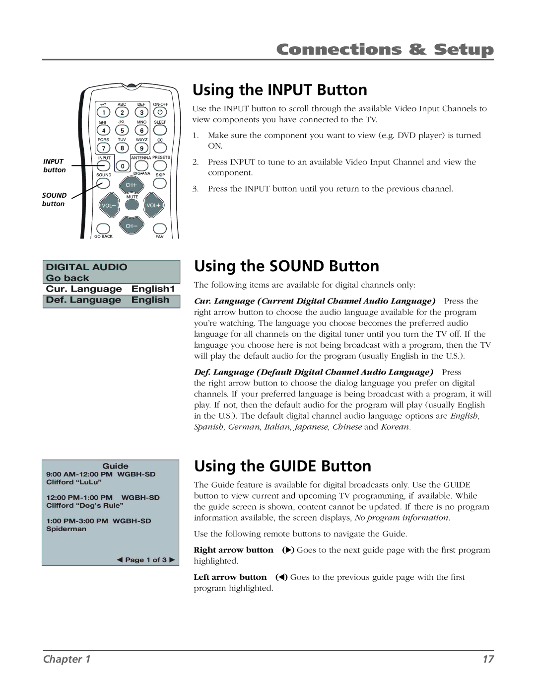 RCA 20F524T manual Using the Input Button, Using the Sound Button, Using the Guide Button 