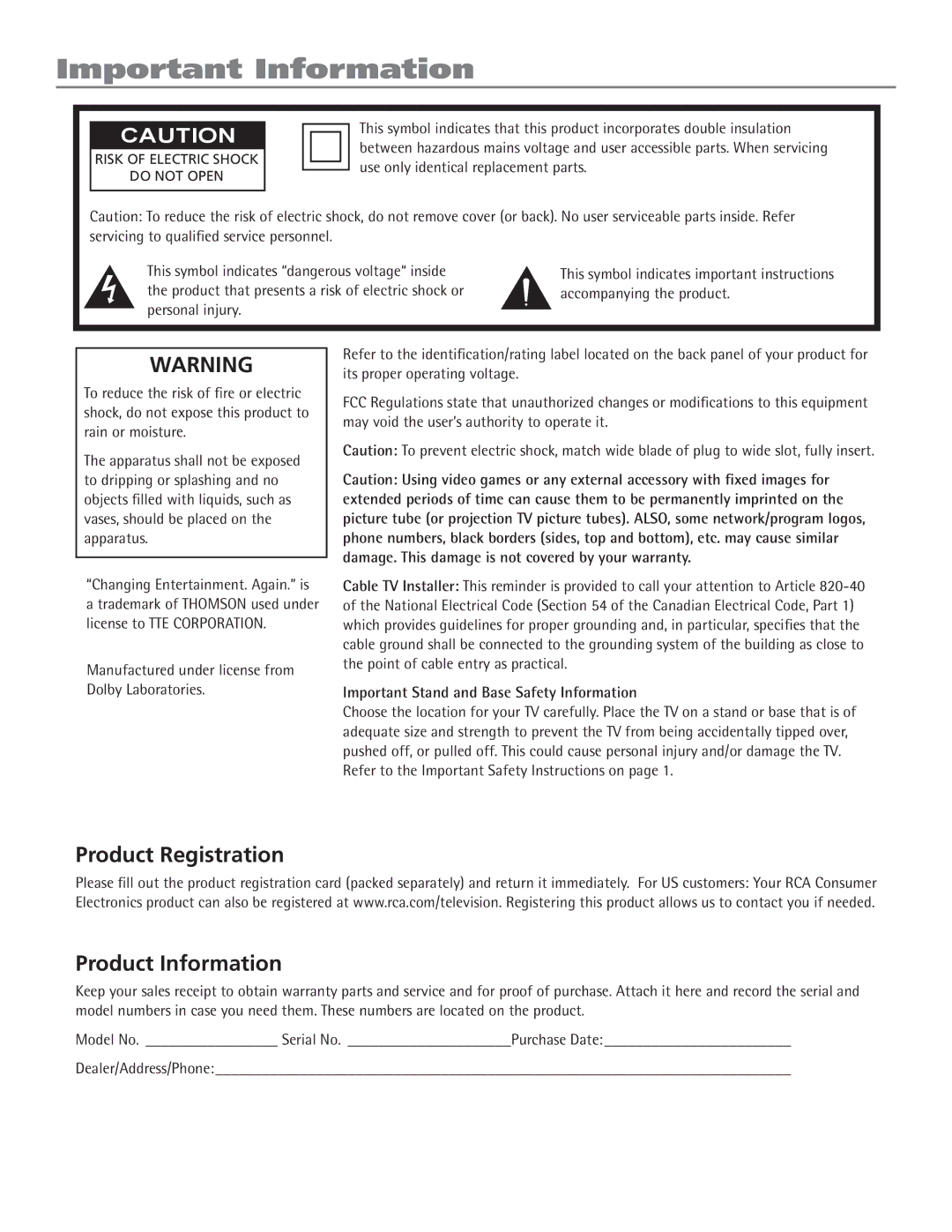 RCA 20F524T manual Important Information, Product Registration Product Information 