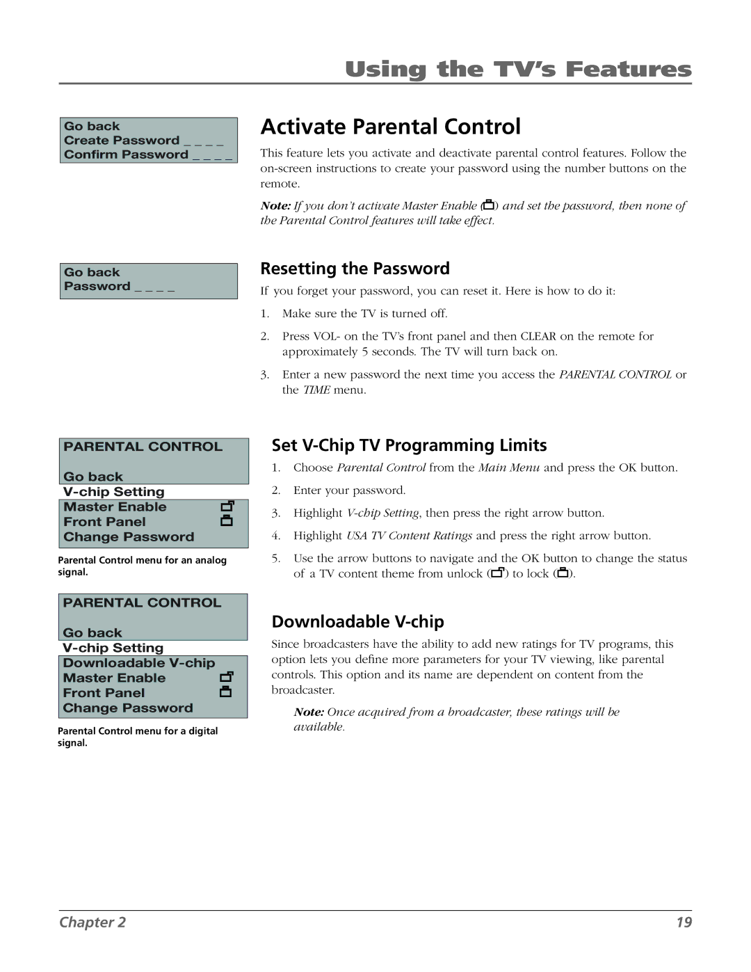 RCA 20F524T Using the TV’s Features, Activate Parental Control, Resetting the Password, Set V-Chip TV Programming Limits 