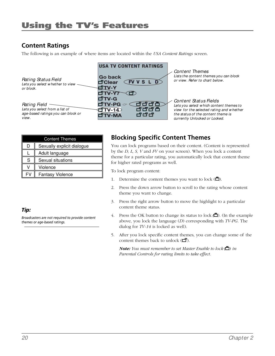 RCA 20F524T manual Content Ratings, Blocking Specific Content Themes 