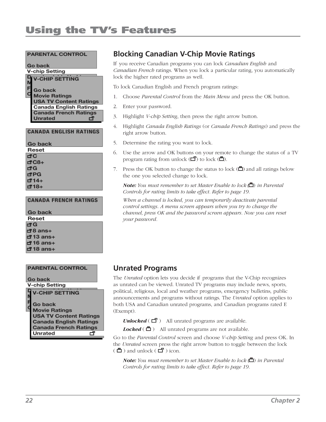 RCA 20F524T manual Blocking Canadian V-Chip Movie Ratings, Unrated Programs 