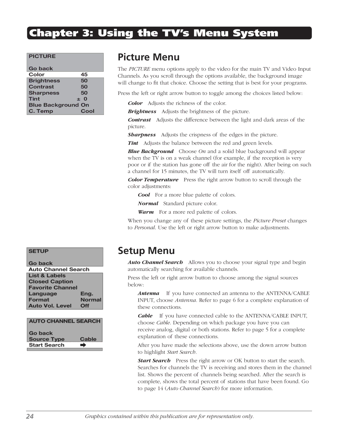 RCA 20F524T manual Picture Menu, Setup Menu 