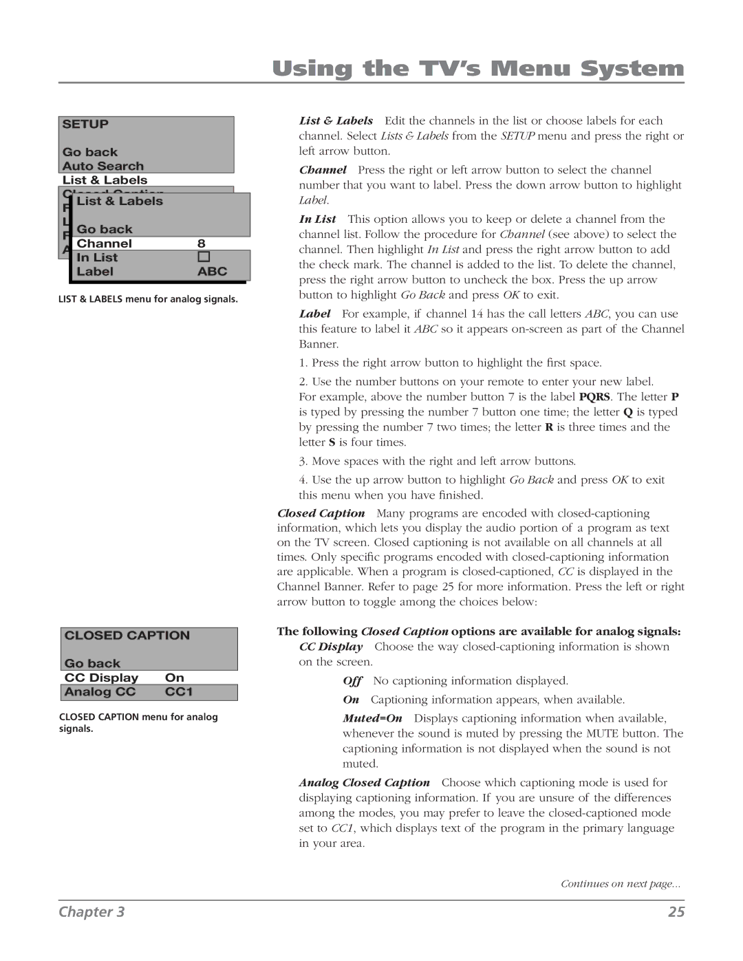 RCA 20F524T manual Using the TV’s Menu System, Setup 