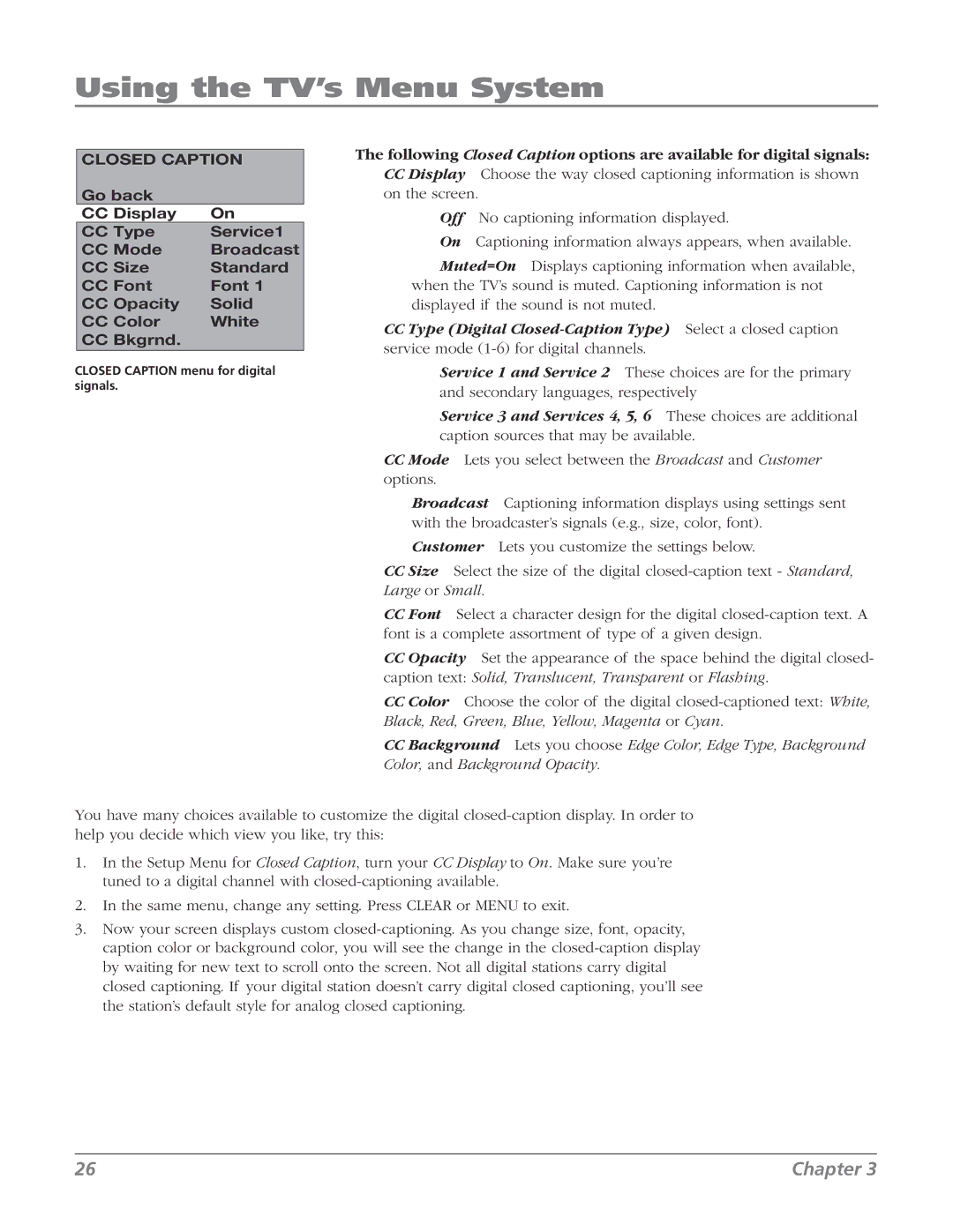 RCA 20F524T manual Closed Caption menu for digital signals 