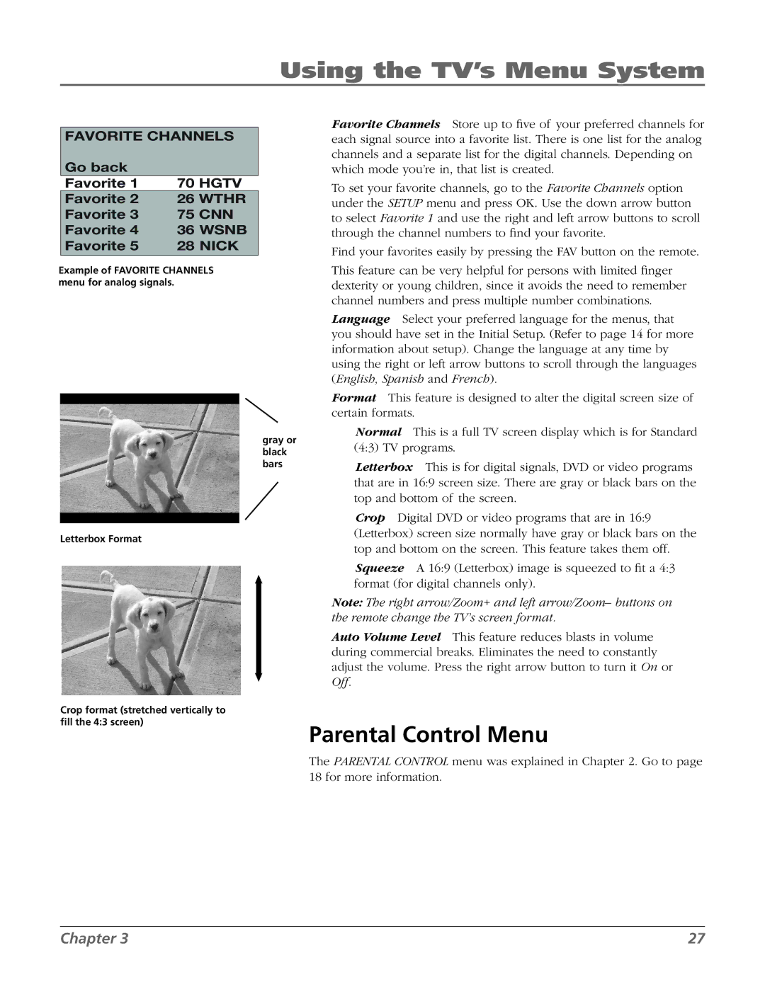 RCA 20F524T manual Parental Control Menu, Nick 