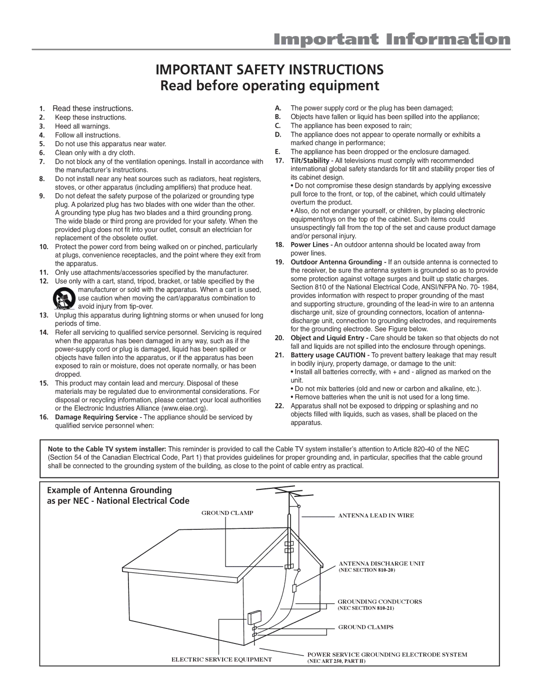 RCA 20F524T manual Important Safety Instructions 